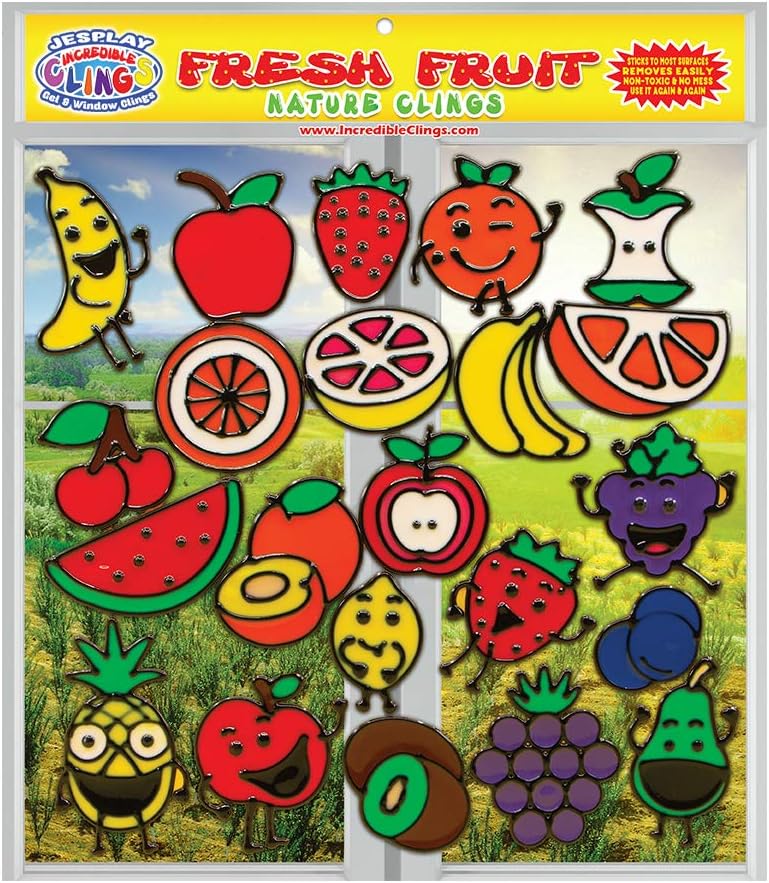 Fresh Fruit Gel Clings - Glass Window Clings for Kids and - Banana, Apple, Strawberry, Cherry and More Gel Decals - Home, Airplane, Classroom, Nursery Decoration