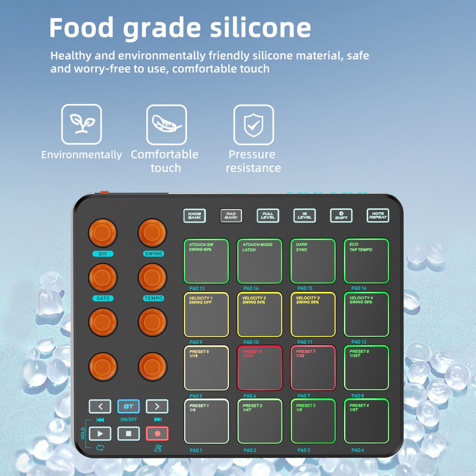 Controlador MIDI, 16 Pads RGB 8 Perillas 6 Botones Personalizables Batería Inalámbrica Recargable de 2000mAh, con Conexión USB MIDI para Profesionales Principiantes en (Negra)