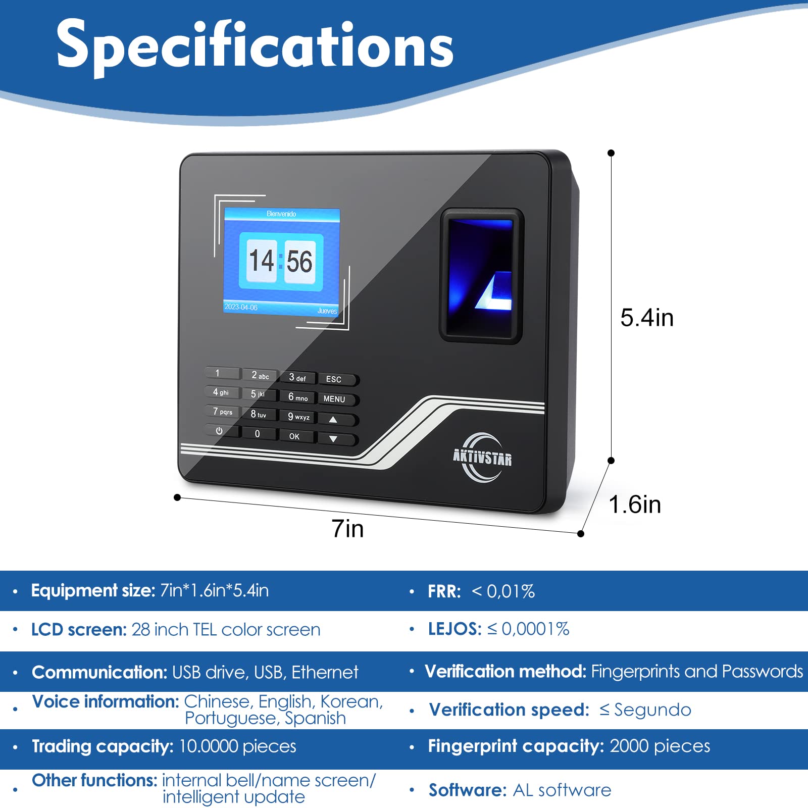 Aktivstar Control Horario Empleados, Máquina de Fichar con Pantalla, Memoria USB de 8GB, Máquina de Asistencia Biométrica con Capacidad de 1000 Huellas,Sistema Española,Sin Conexión Internet