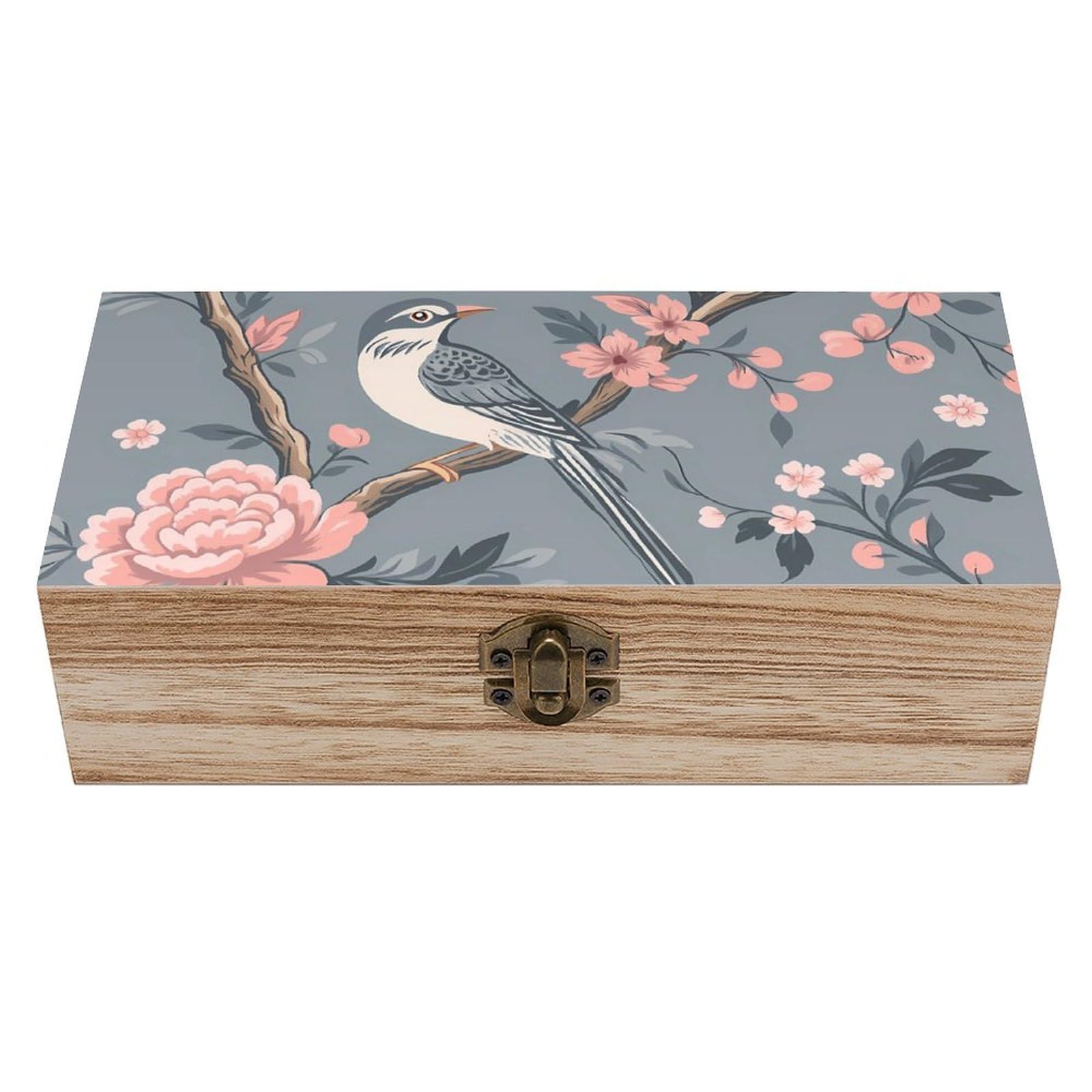 HLBSDM Vintage Chinoiserie Bird on Floral Branch Retro Wooden Storage Box Jewelry Art Gift Boxs Decorative Keepsake Boxes