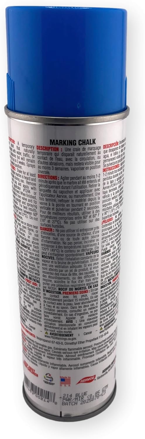 214 Blue Marking Chalk; 15 oz Spray Paint; Temporary Water-Based Chalk; For Construction, Utility, Landscaping, Survey, Athletic, and Field Marking; Fast Drying; Removable