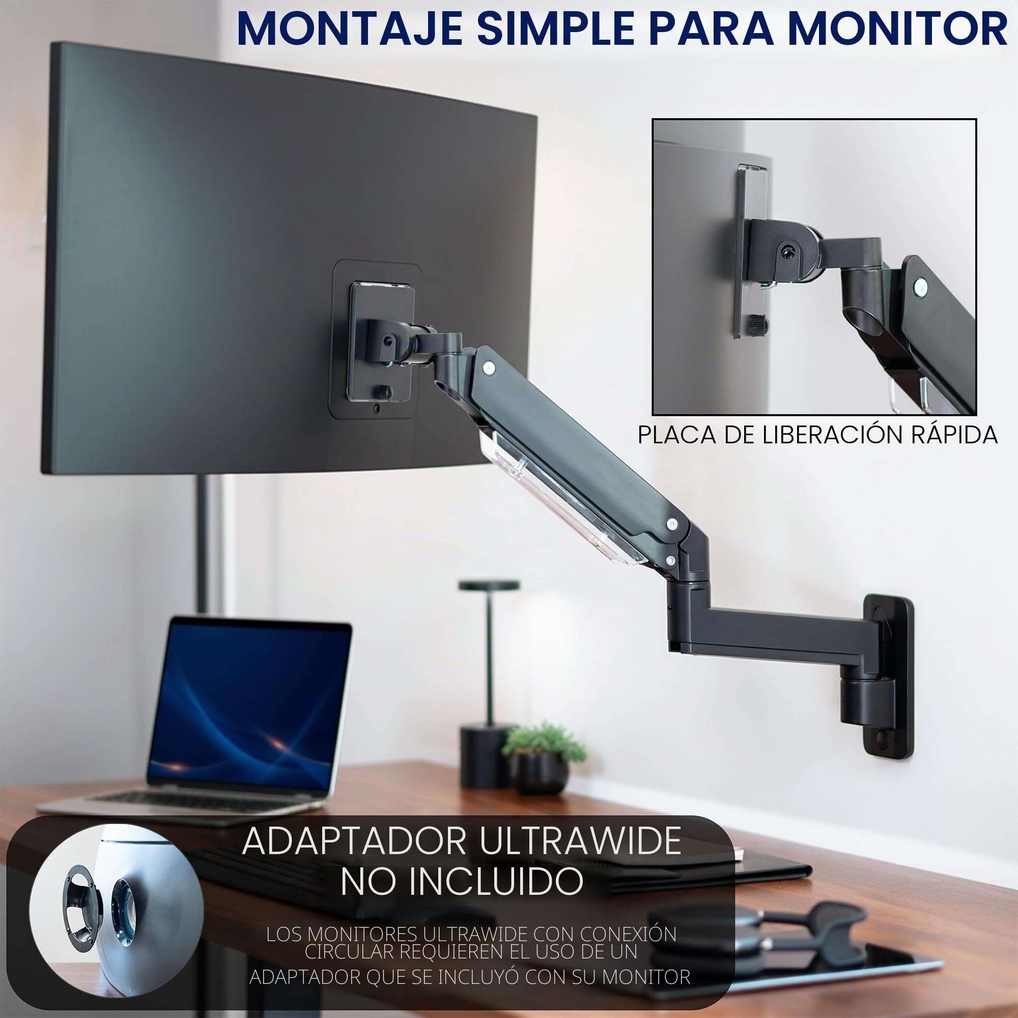 VIVO Brazo de Monitor de Aluminio Pantallas ultraanchas de hasta 49 Pulgadas y 20 kg, Montaje en Pared Individual, Altura neumática, VESA máxima 100 x 100, Negro, MOUNT-V101G1