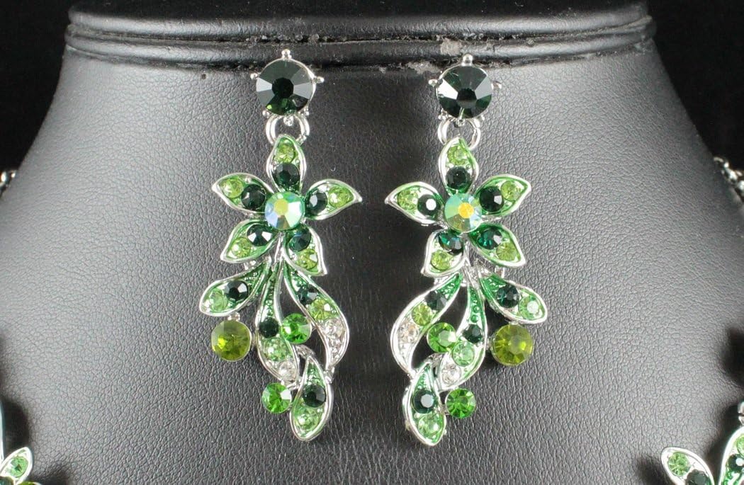 FLORAL FLOWER GREEN AUSTRIAN RHINESTONE CRYSTAL BIB STATEMENT NECKLACE AND EARRINGS SET PARTY BRIDAL N1731G
