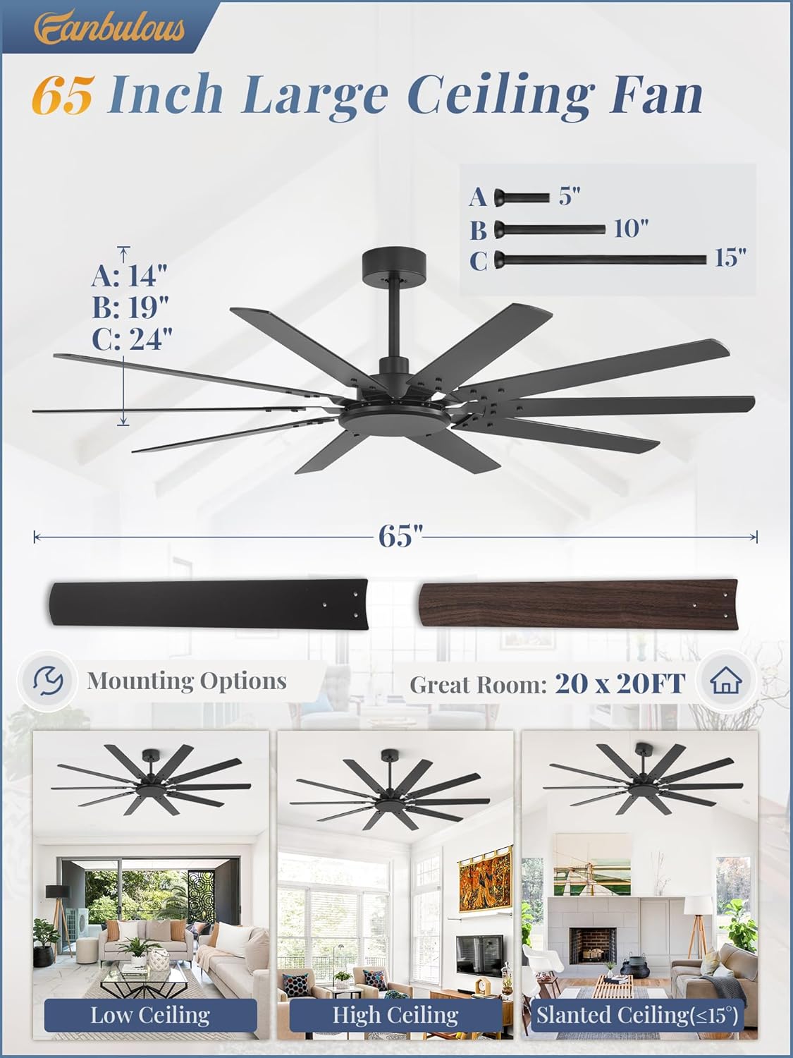 Fanbulous 65 Inch Large Ceiling Fan Without Light, Modern Indoor/Outdoor Ceiling Fans No Light with Remote,6-Speed Reversible Quiet DC Motor, 10 Blade for Bedroom,Living Room,Patio,Garage(Black) Black 65 Inch