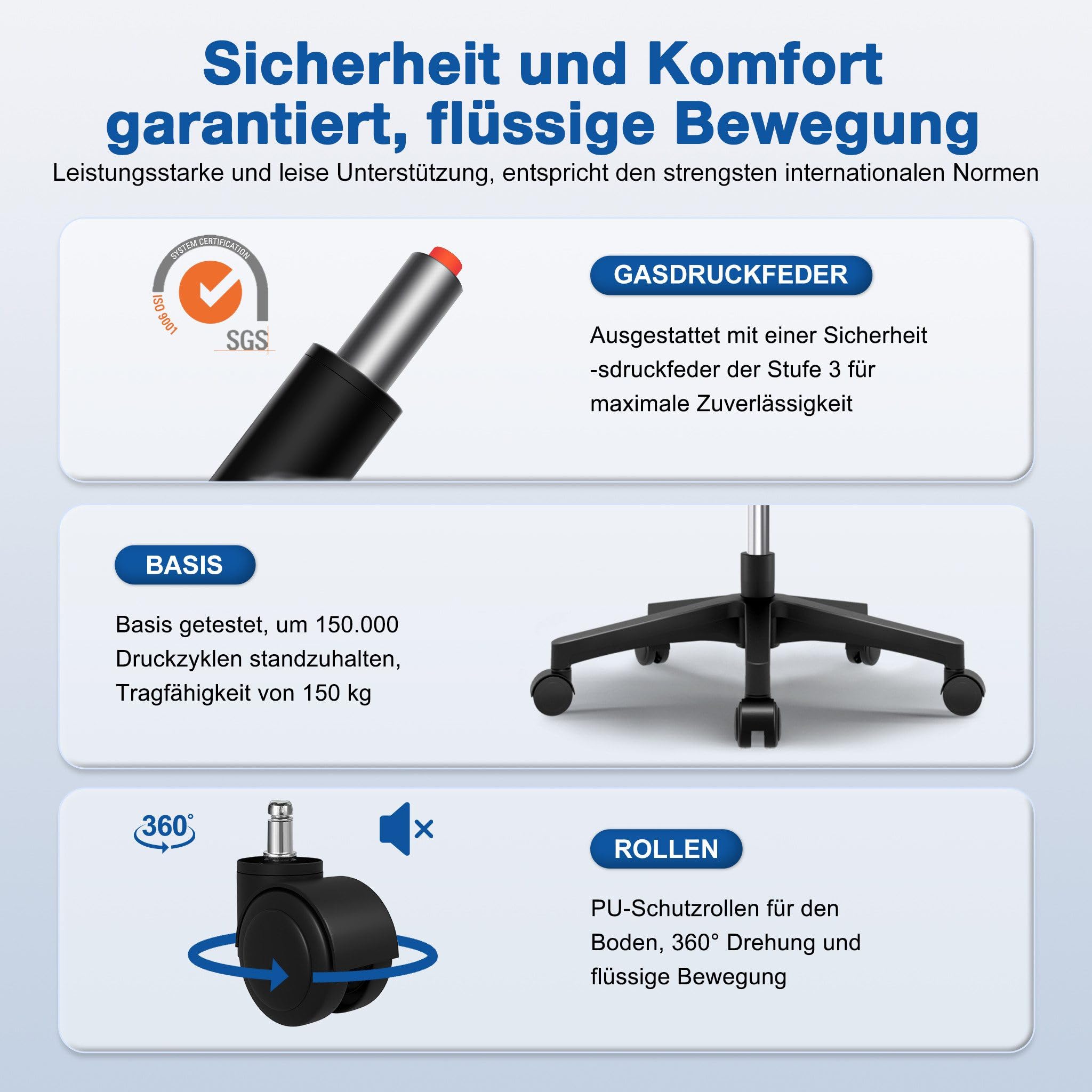 Bürostuhl Ergonomisch mit Verstellbarer Kopfstütze Armlehnen Lendenwirbelstütze Drehstuhl Wippfunktion 135° 150kg