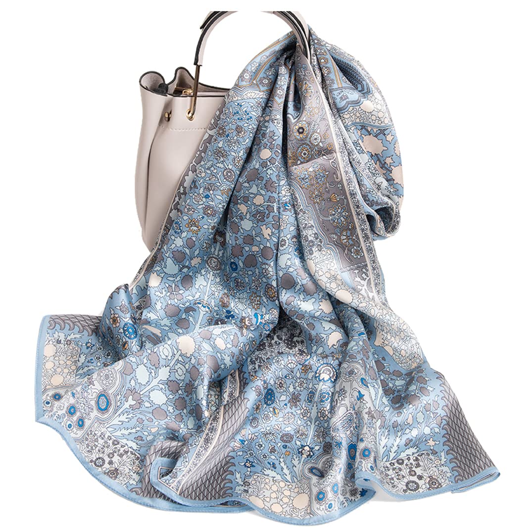 MEISEE 100% Mulberry Silk Long Scarf, Light Blue Flowers, 67 x 21in