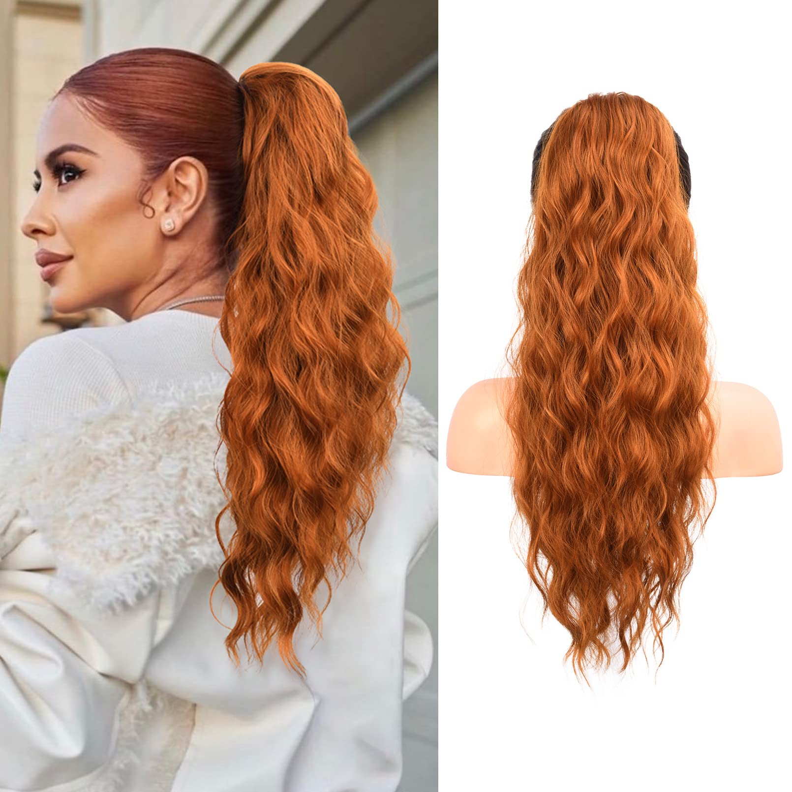 Flufymooz Ponytail Extension Pferdeschwanzverlängerung, 56 cm Pferdeschwanz mit Kordelzug Haarverlängerungen, Lockiger Pferdeschwanz Synthetisches Haarteil für Damen (Kupferrot)