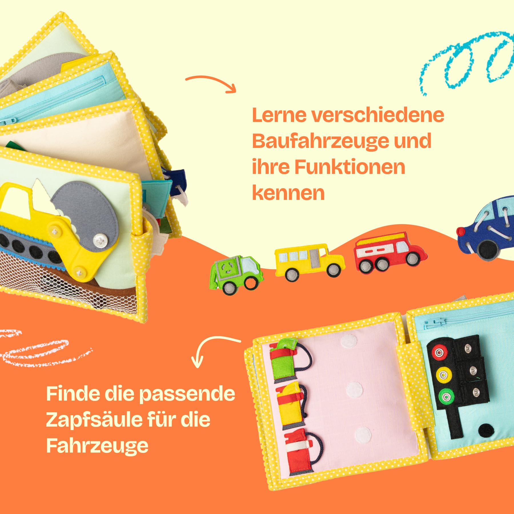 Jolly Designs Mini Quiet Book Il mio primo escavatore - Giocattoli Montessori a partire dai 18 mesi - Busy Book & Libro in stoffa in feltro - Giocattoli educativi per veicoli e regole del traffico