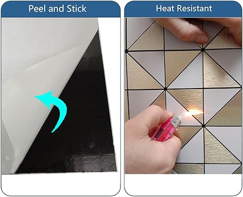 Miniatura 5 de YMMXGE Azulejos triangulares de metal de 14 hojas, calcomanías de pared con textura metálica de alta gama, azulejos autoadhesivos para pared de