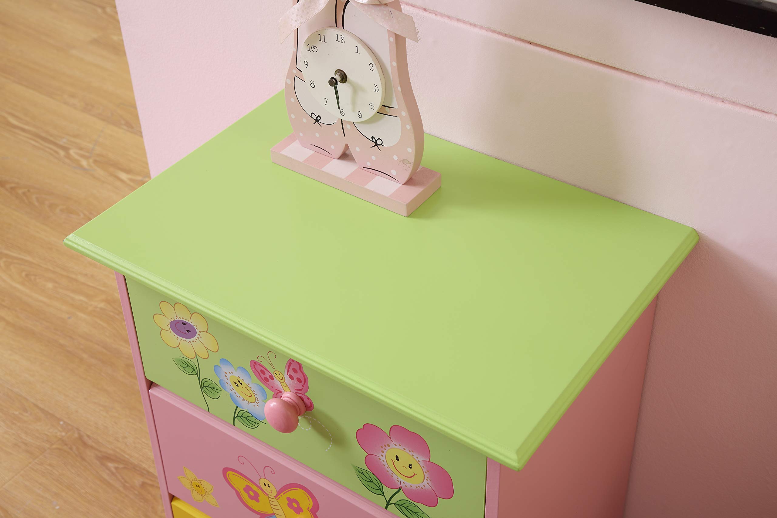 Kinder Schubladen | Mädchen Kommode Schlafzimmer | Aufbewahrungsboxen für Kinder, mit Schmetterlingsblumen-Gemälden, Rosa, Grün, Gelb, Lila (Kommode)