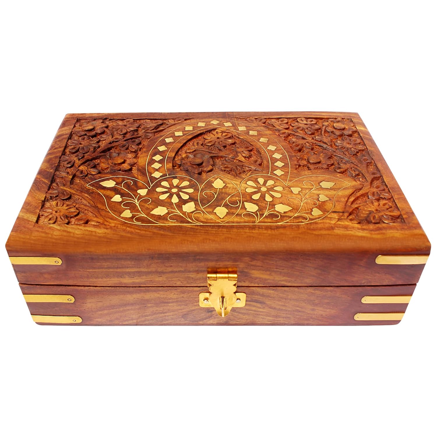 ITOS365 Jewellery Box for Women Wooden Brass Work Flower Carved Design Handmade Gift, 8 Inches ITOS365 Jewellery Box for Women Wooden Brass Work Flower Carved Design Handmade Gift, 8 Inches