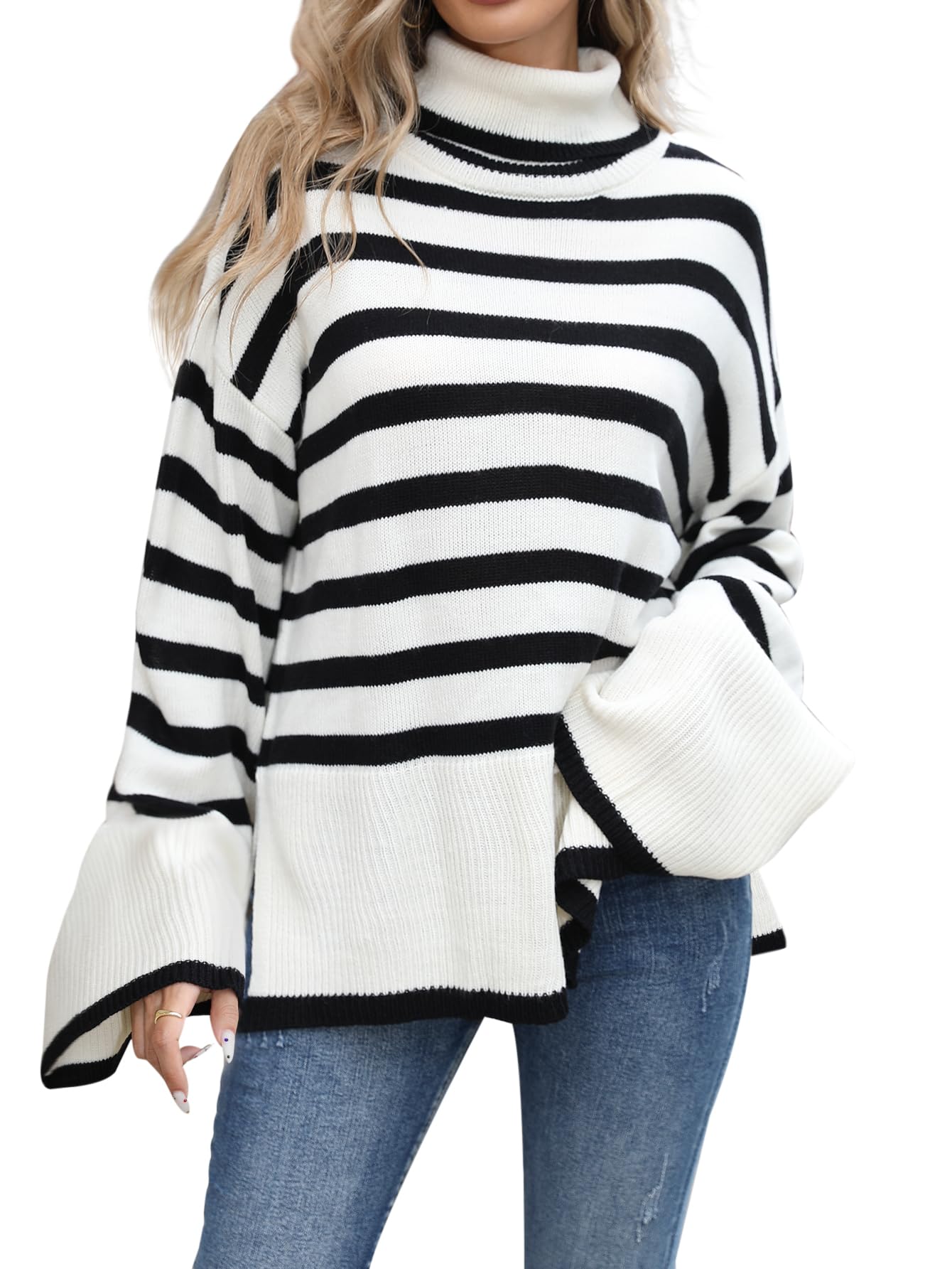 Oversized Cute Turtleneck Striped Long Pullover Sweaters for Women 100 Cashmere Ribbed Knit Pullover with Side Slit
