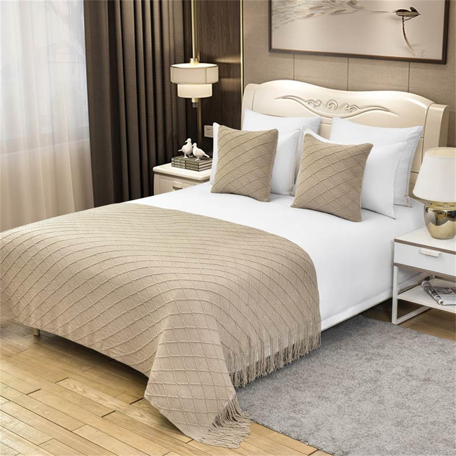 Odot Bettläufer mit Kissen Set, Bettläufer für den Fuß des Bettes mit Passende Kissenbezug Weich Mode Bettlaufer für Gästehaus Hotel Schlafzimmer Dekoration-Plaid (130x230+45cm,Khaki)