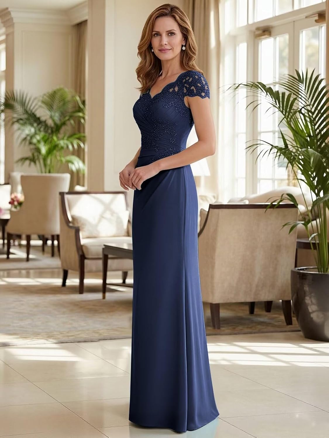 Short Sleeve Lace Mother of the Bride Dresses for Women Elegant Chiffon V Neck Formal Wedding Guest Dress Long