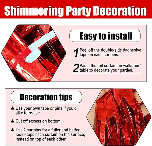 Miniatura 3 de Paquete de 6 cortinas de flecos de papel de aluminio rojo, 3.28 pies x 6.6 pies, cortinas metálicas de oropel con flecos para cabina de fotos,