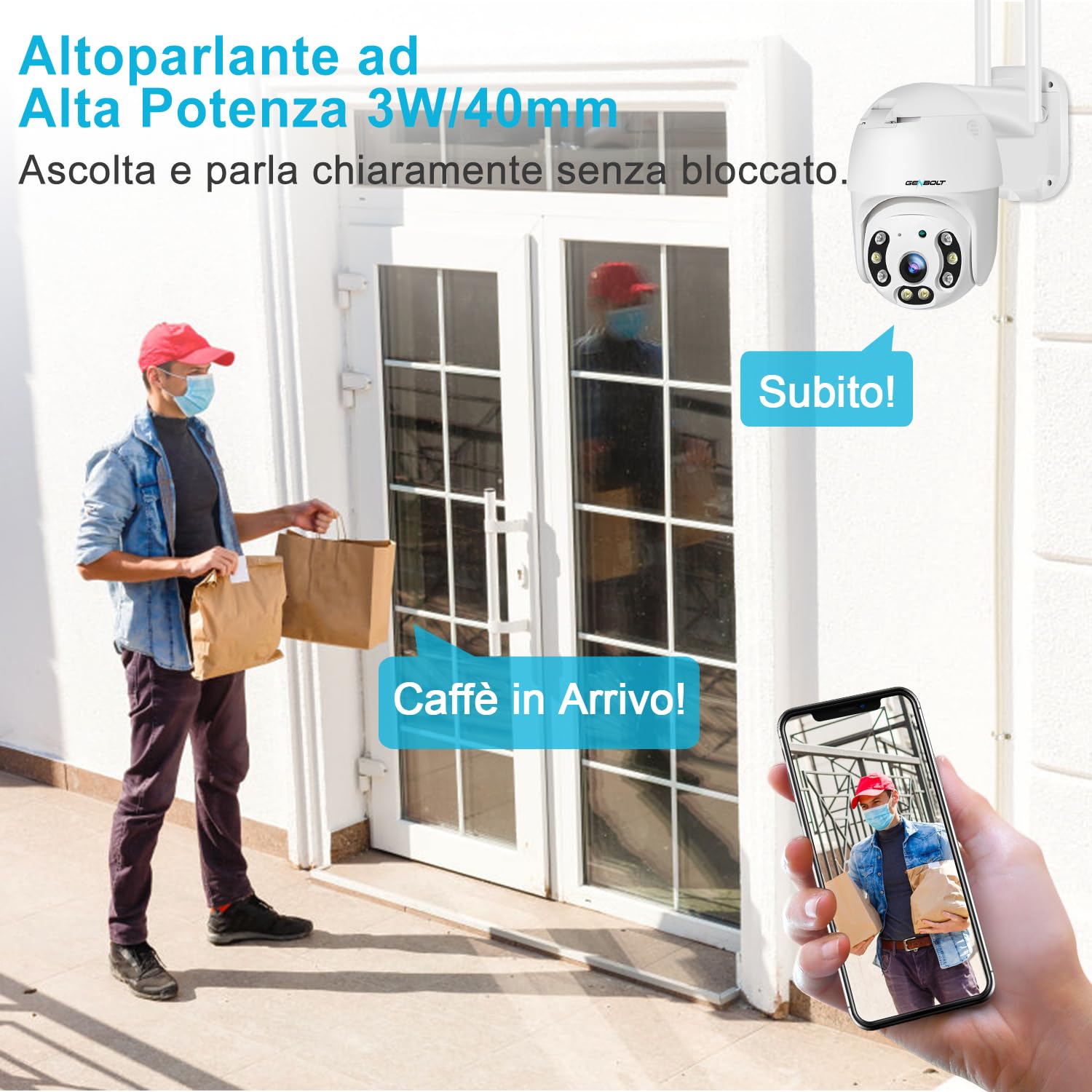 GENBOLT 2.5K Telecamera Wi-Fi Sicurezza Esterno PoE PTZ | DC & PoE, Visione Notturna a Colori, Zoom Digitale 4X, 2-Audio, Allarme Sonoro e Luminoso