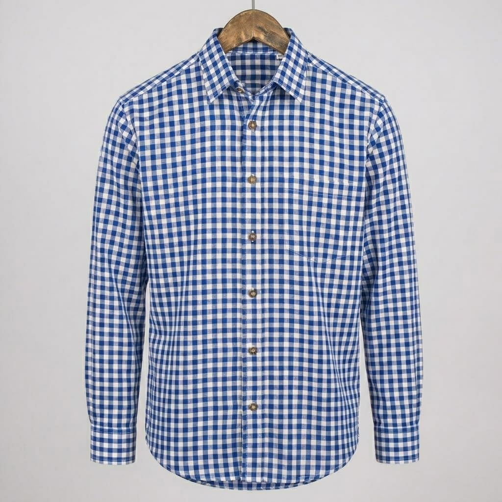 Men’s Bavarian Trachten Shirt – Traditional Blue and White Checkered Button Dress Shirts for Oktoberfest and Lederhosen