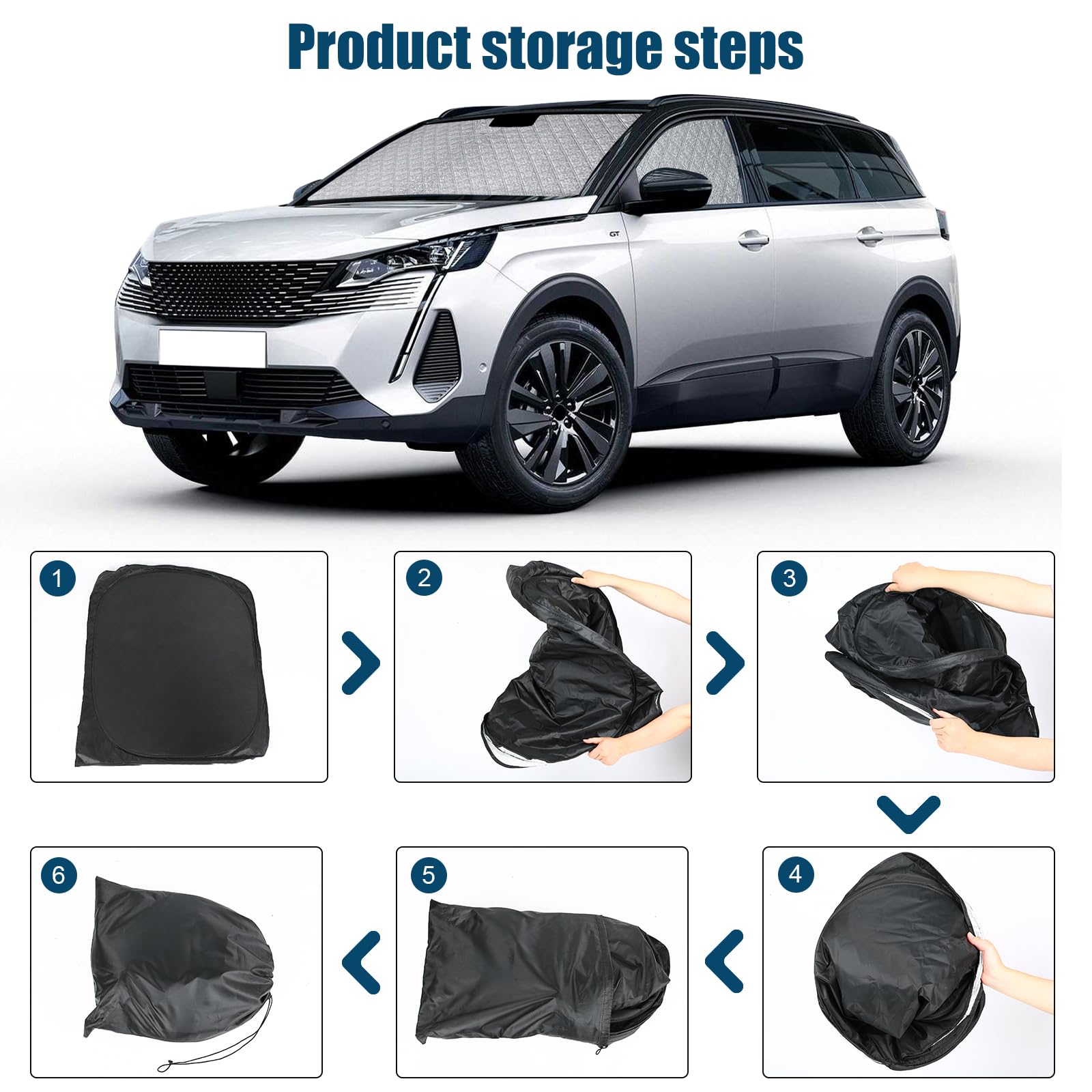 Osłona przeciwsłoneczna kompatybilna z Peugeot 5008 P87 2017-2024, 3 szt. zestaw ochronny na przednią szybę samochodu, wewnętrzna mata termiczna, składana osłona przeciwsłoneczna z torbą do