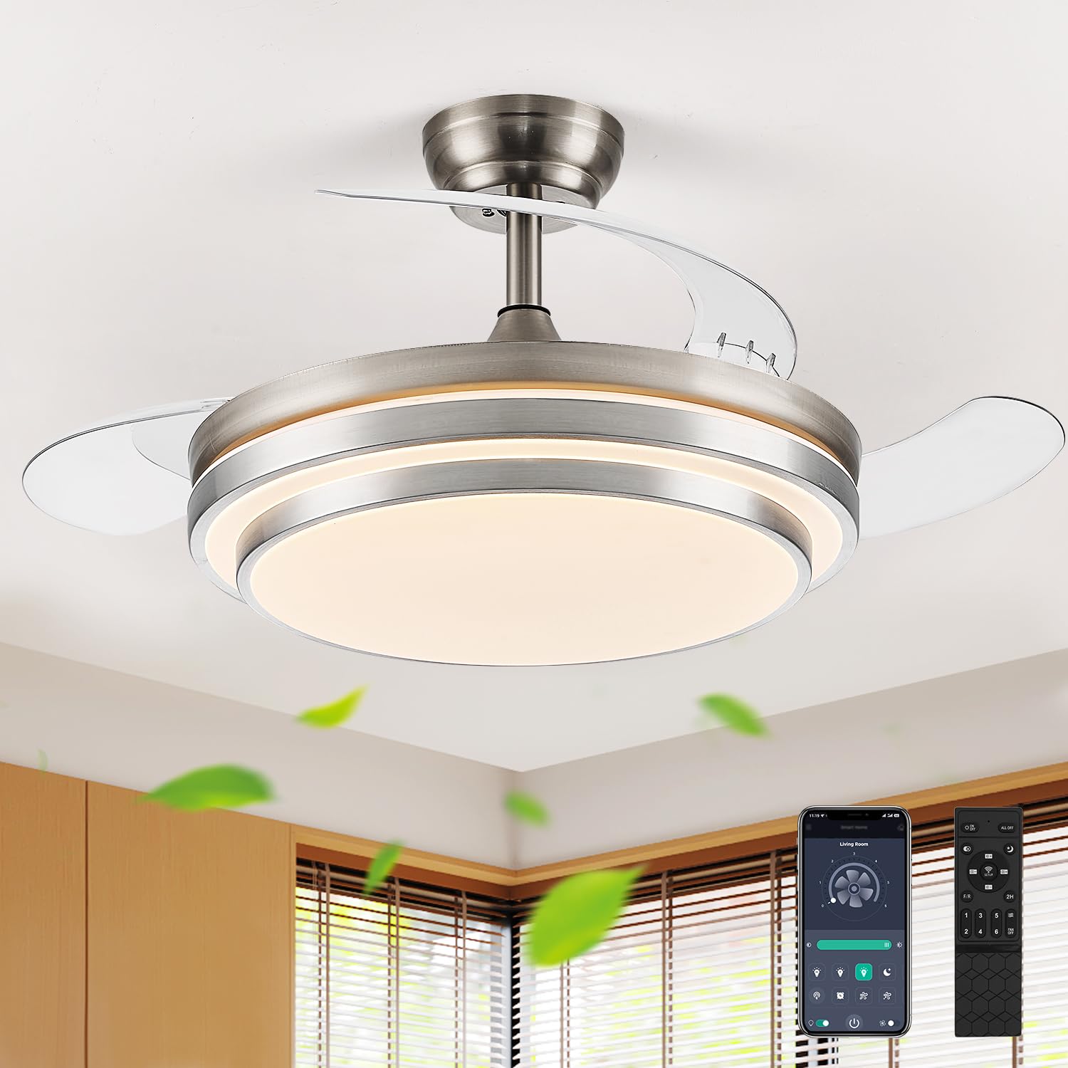 42 Inch Fandelier Ceiling Fan with Light, Retractable Ceiling Fan with Lights for Bedroom Living Room Dinning Room, Chandelier with Fan 6 Speed, LED Dimmable-Brushed Nickel
