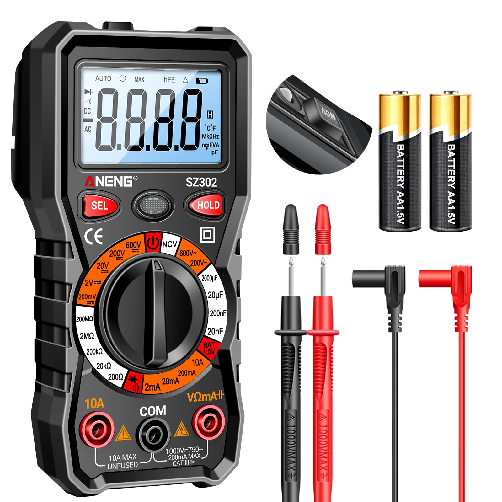 ANENG SZ302 High-Precision Multimeter with HD Backlight,6000 Count Auto-Range,Measures AC/DC Voltage,Current,Resistance,Capacitance,Hz,Diode,Black-image-33