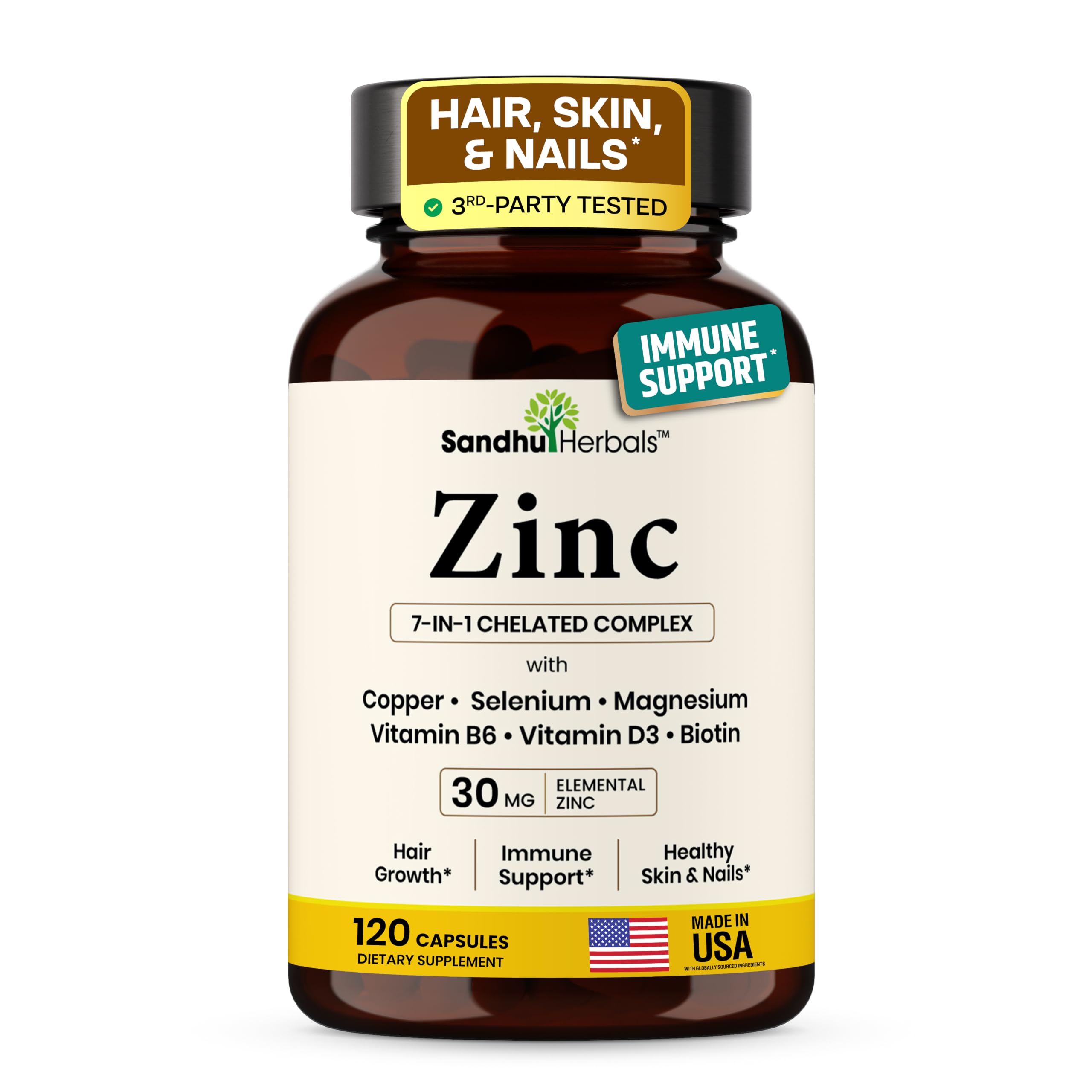 Zinc 30mg 120 Capsules with Copper Selenium Biotin | for Hair Skin &amp; Nails