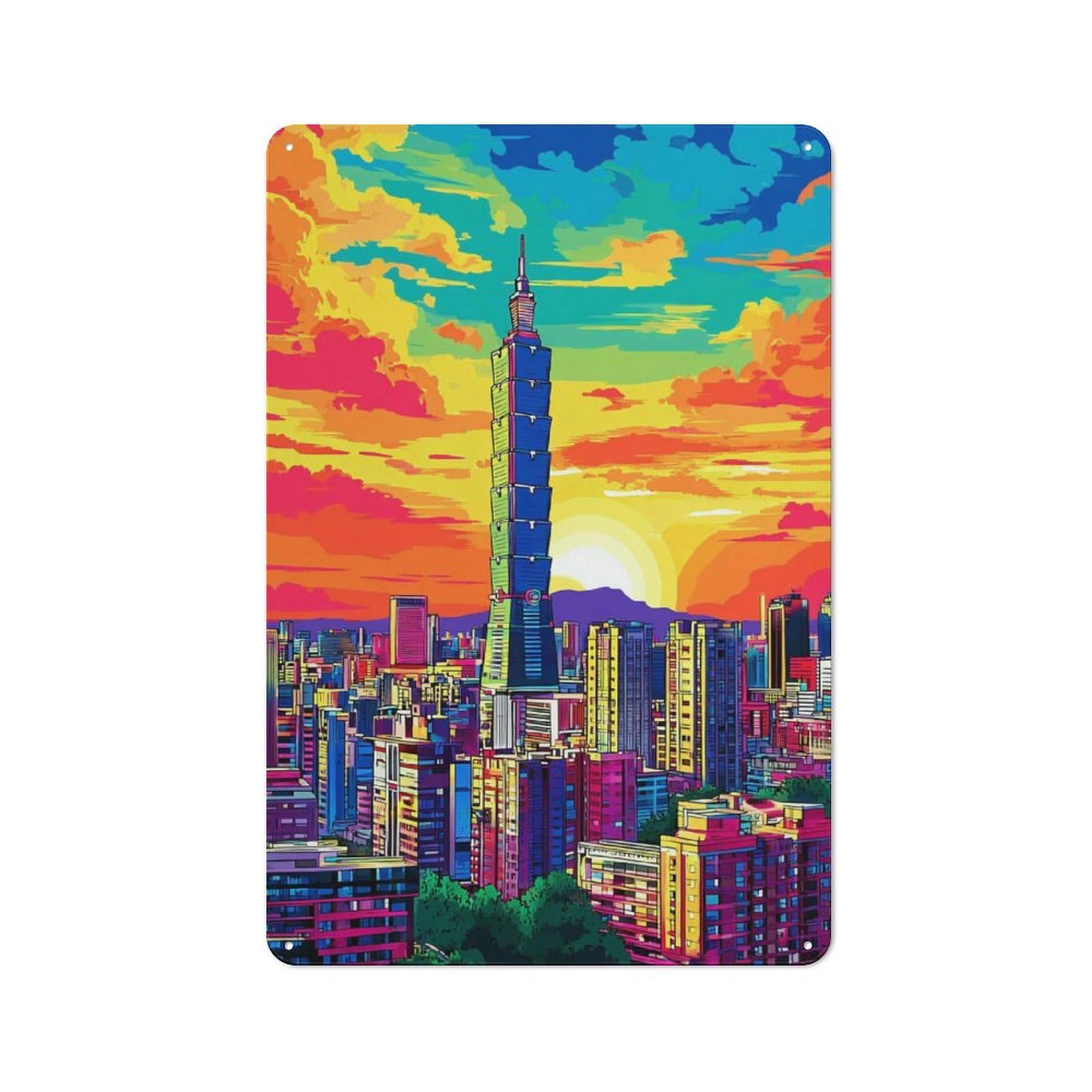 Junmoney Vibrant Cityscape With Rainbow Sky Metal Plaque With Design 30X20cm, Cosy Diner Style Decor For Coffee Bar, Kitchen, Bistro Or Tea Corner