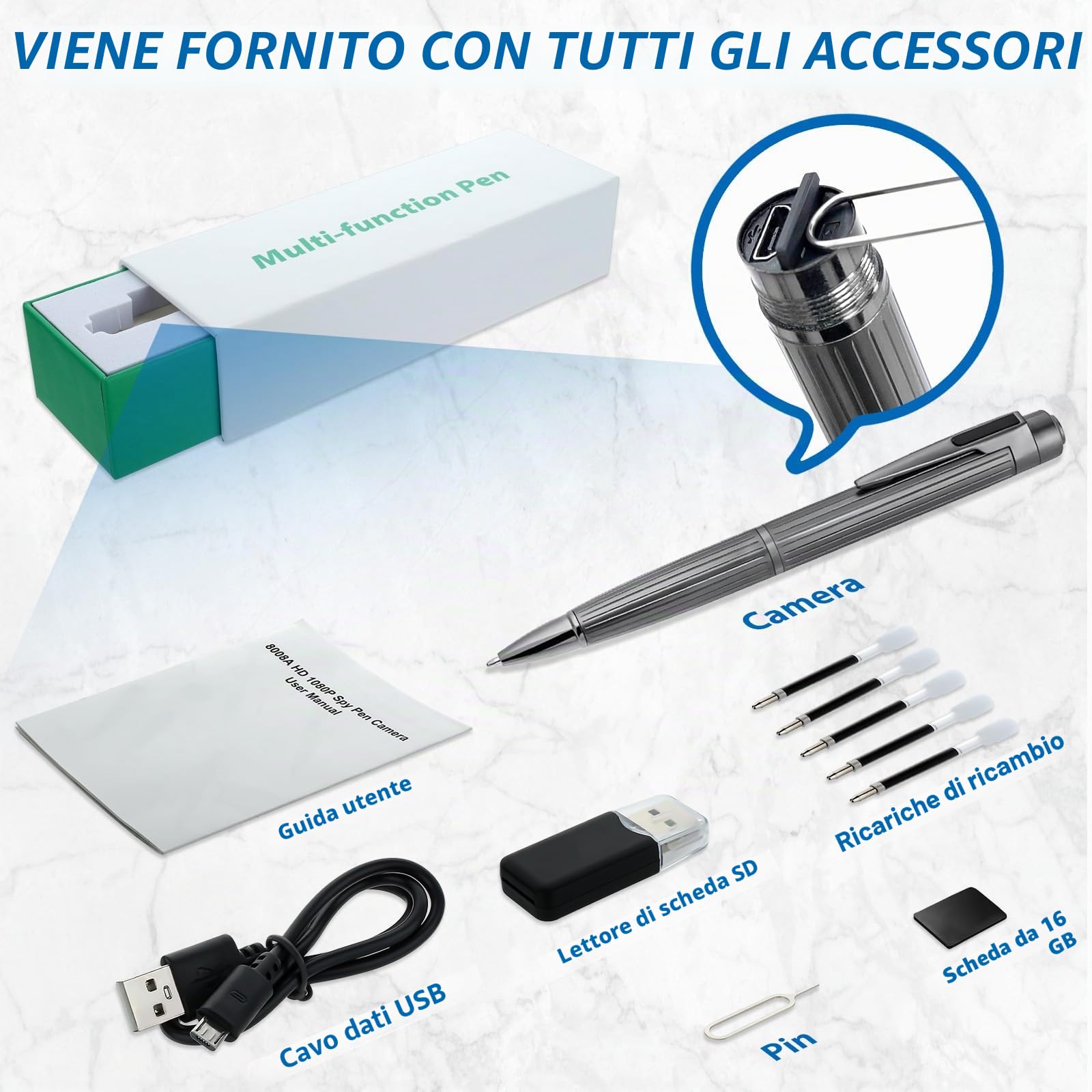 OTADUG Telecamera spia penna, 16 GB Penna fotografica nascosta, telecamera nascosta 1080P con monitoraggio del movimento, registrazione video e audio