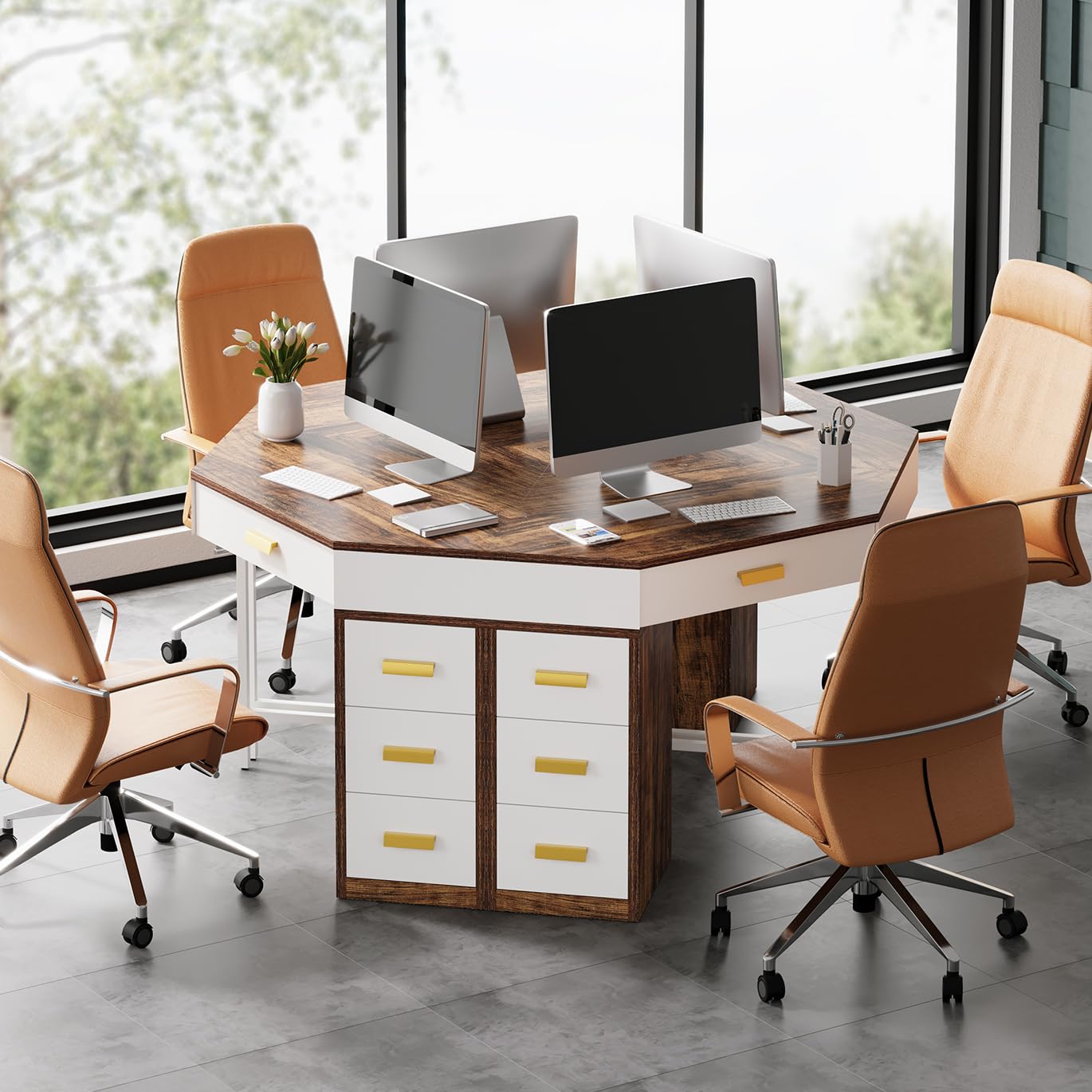 Tribesigns Scrivania Angolare con 4 Cassetti, Scrivania per Computer Salvaspazio a 90°, Scrivania Ufficio con Contenitore, Tavolo PC per Studio, Camera da Letto, Soggiorno, Marrone/Bianco