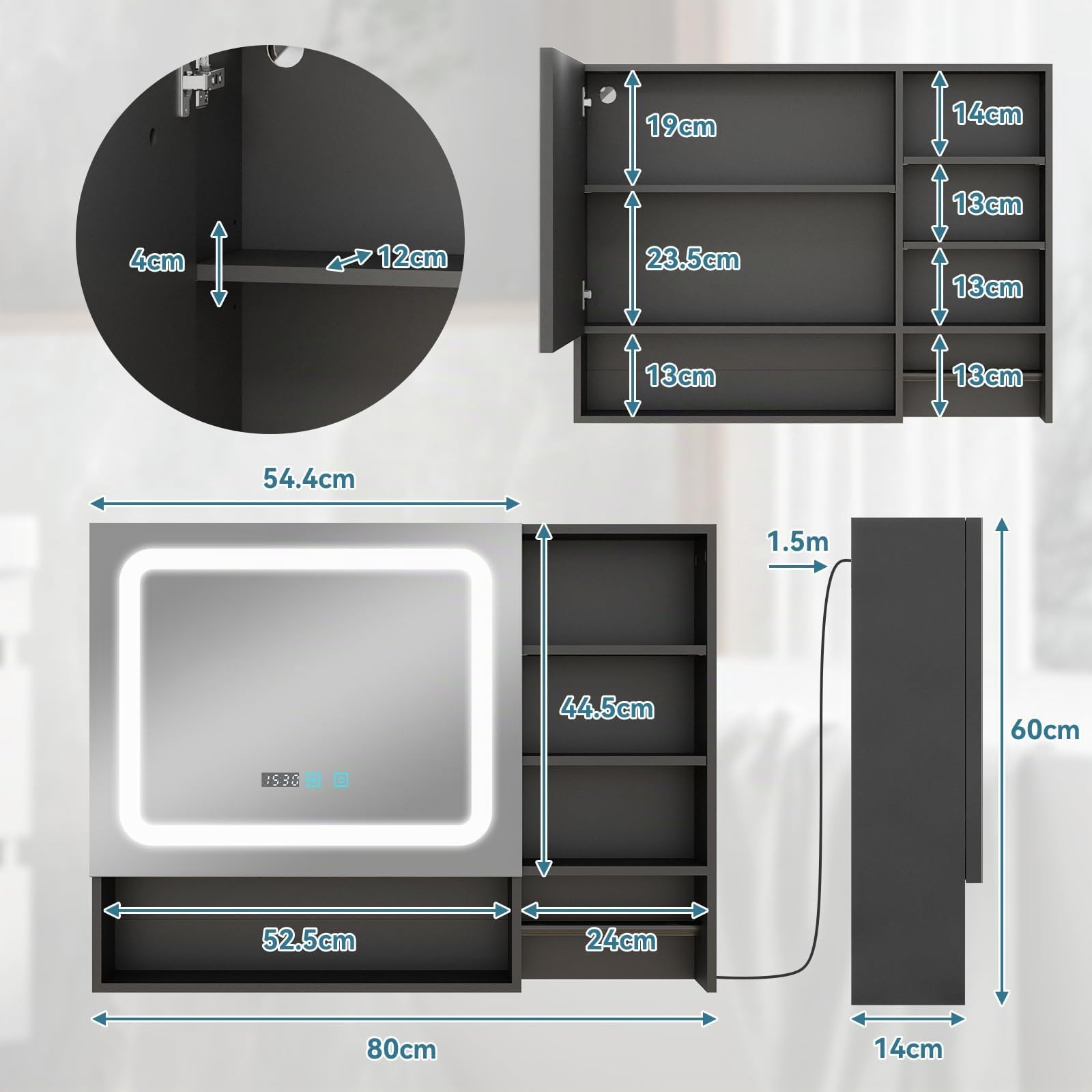YU YUSING Specchio Contenitore Bagno con Luce LED e Portasciugamani, Nero