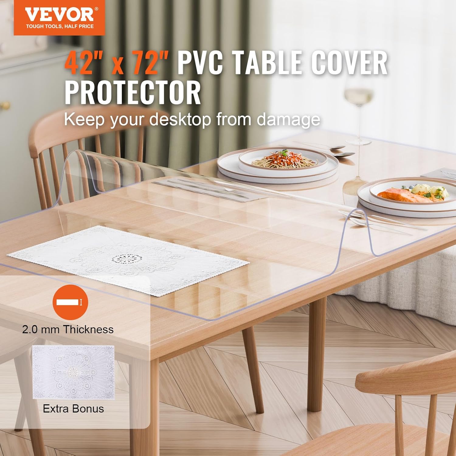 vevor plastic table cover, 42 x 72 inch 2.0 mm thick clear rectangle pvc desk mat protector, waterproof & easy cleaning desk pad tablecloth, for office, dresser, dining room, night stand 72" x 42" (rectangular)