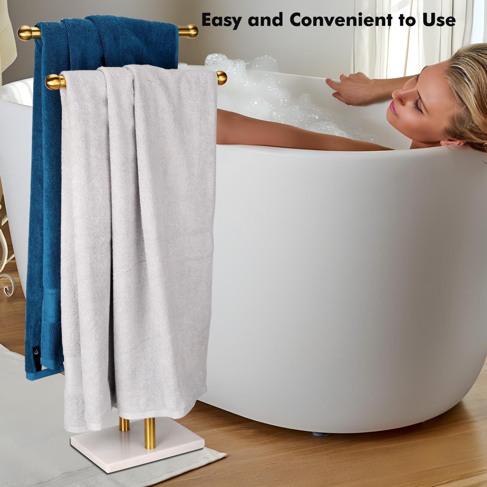 WAYDELI Porte-Serviettes sur Pied Double en Forme de T avec Base en marbre pour Salle de Bain à 2 Niveaux en Acier Inoxydable (Or brossé)
