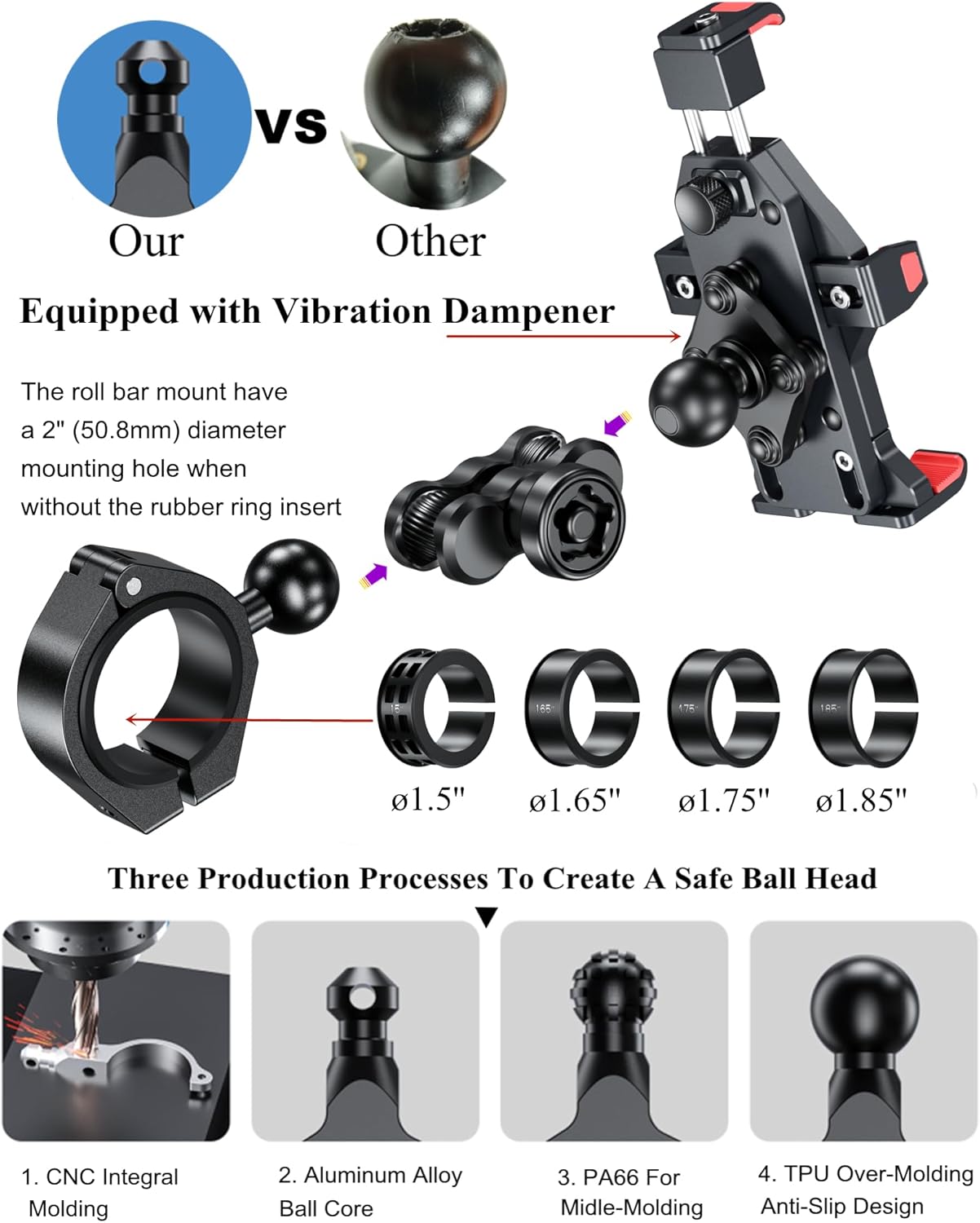 BRCOVAN Anti-Theft Aluminum Alloy UTV Phone Holder with Vibration Dampener & Secure Lock, Adjustable Roll Cage Cellphone Mount Fit 1.5''/1.65''/1.75''/1.85''/2'' Roll Bar, for 4.7''-7.2'' Smartphone