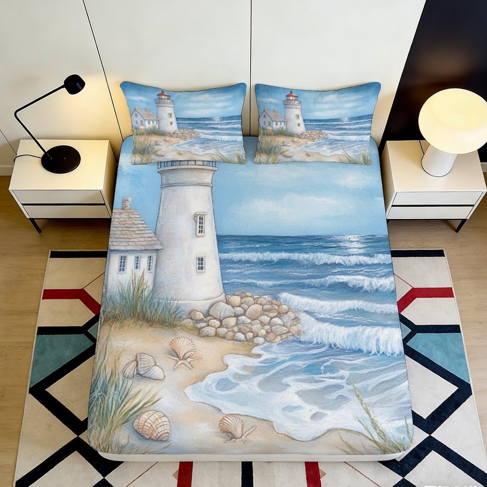 Pnayamiorkfel Style-3 3D Printed Lighthouse Coastal Fitted Sheet Microfiber Soft Ocean Beach Bed Cover For Bedroom Decor Protection 90X200x25cm