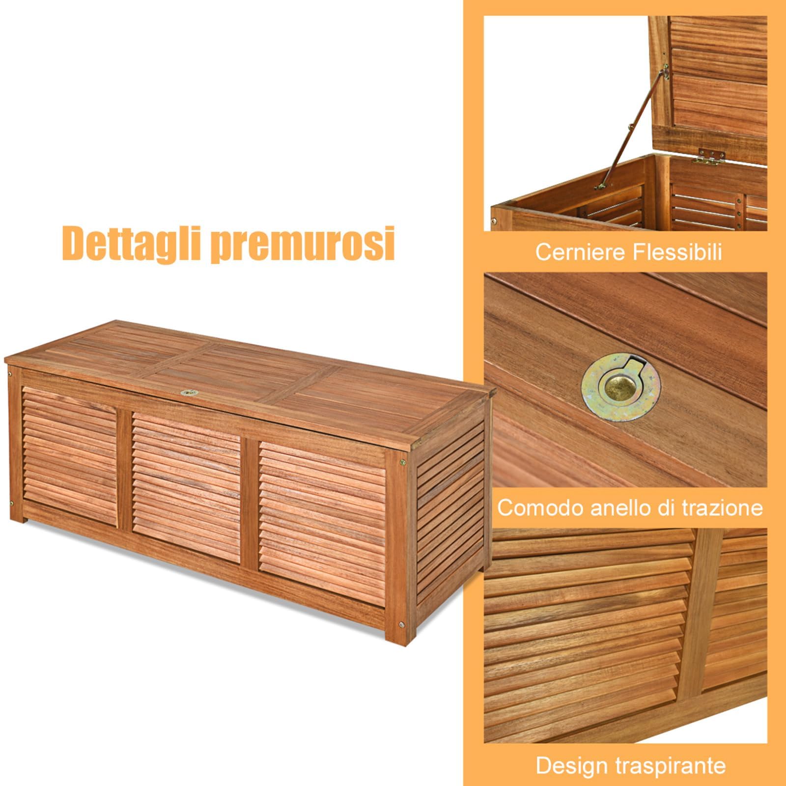 RELAX4LIFE Cassapanca in Legno di Acacia Massello, Baule Contenitore 160L per Interno/Esterno con Coperchio Ribaltabile, Design a Doghe Traspirante (120x45x45 cm-160L)