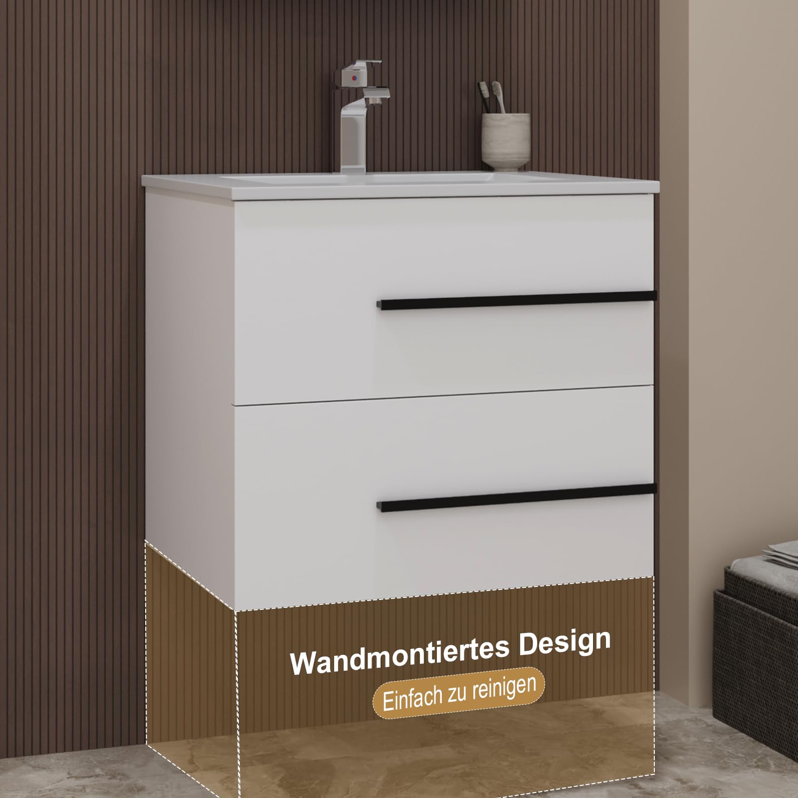Waschbecken mit Unterschrank 60 cm breit, Waschbeckenunterschrank, Badmöbel Set für Gäste-WC, Hängender Waschtisch mit Keramikwaschbecken, Weiß Hochglanz Badmöbel mit 2 Soft-Close-Schubladen