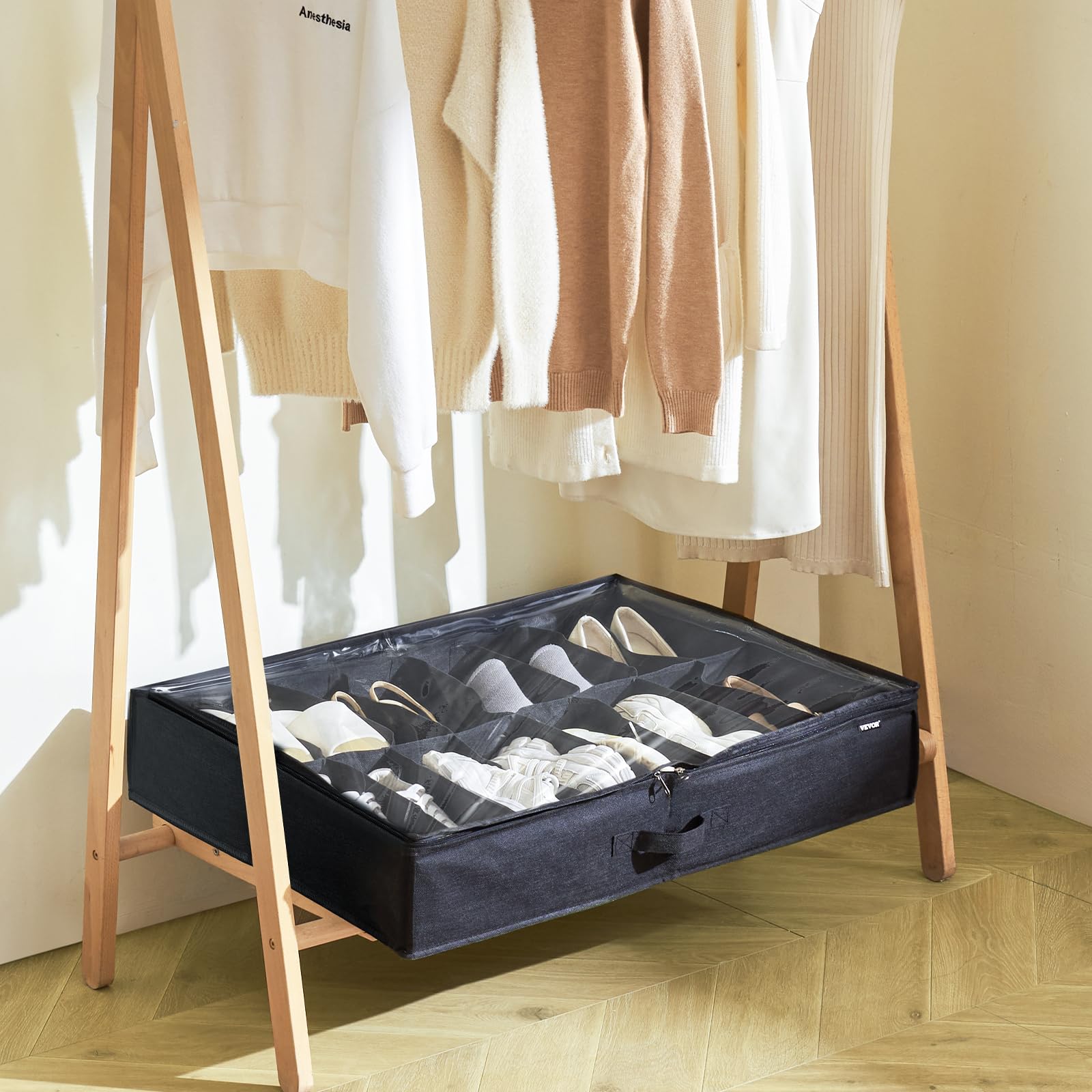 VEVOR Unterbett-Schuh-Organizer, 2er-Set, insgesamt 32 Fächer, Unterbett-Schuhschrank-Aufbewahrungslösung mit transparentem Fenster, atmungsaktiv, faltbare Stoffbehälterbox mit verstärkten Griffen