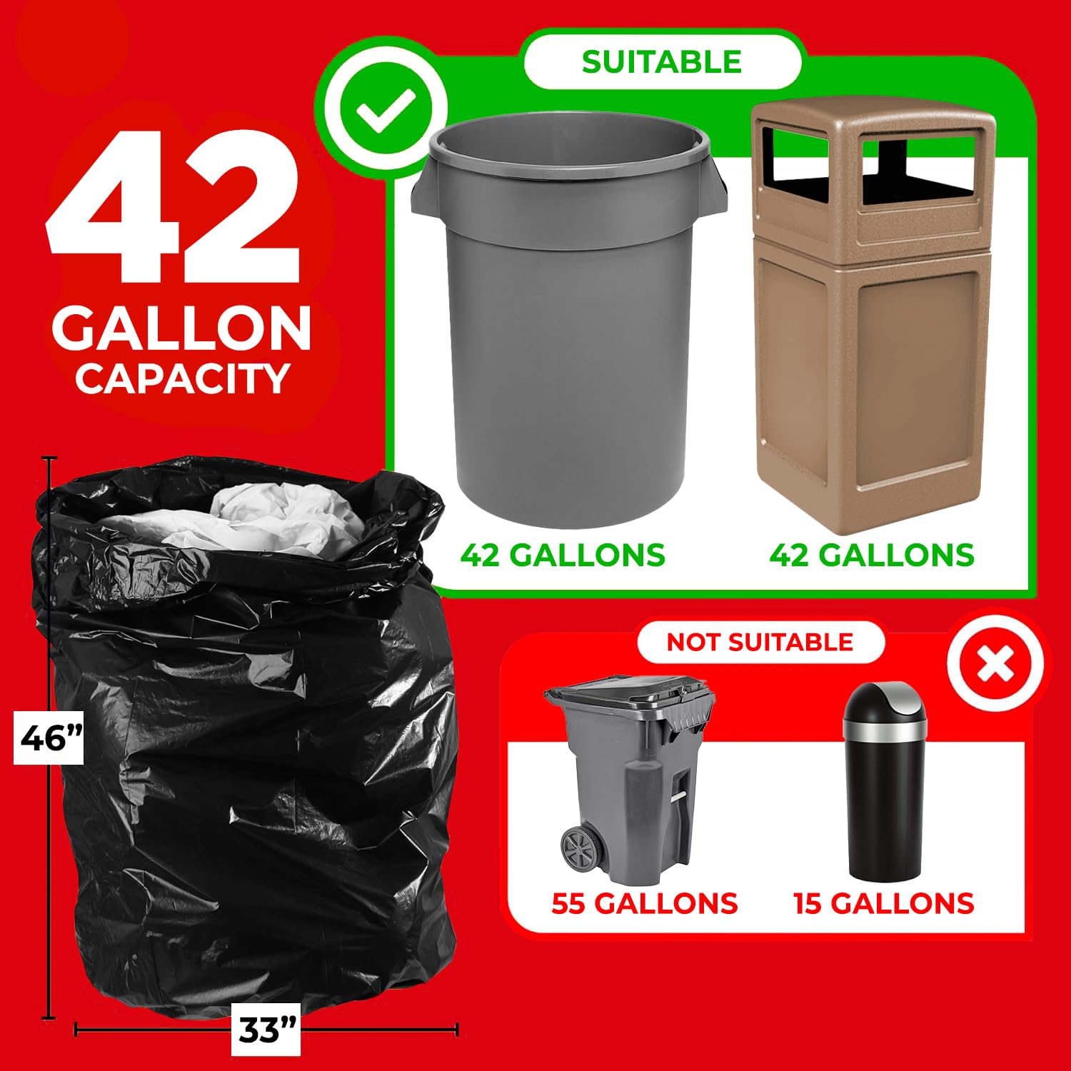 Toughbag Bolsas de basura para contratistas de 42 galones, 3.0 mil, 50 bolsas de basura (negro)