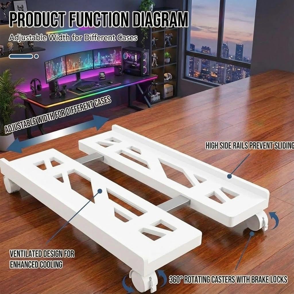 Supporto per PC Tower Stoucla, Carrello CPU Sotto La Scrivania del Giocatore, Base Universale per Computer Mobile a Quattro Ruote (Bianco)