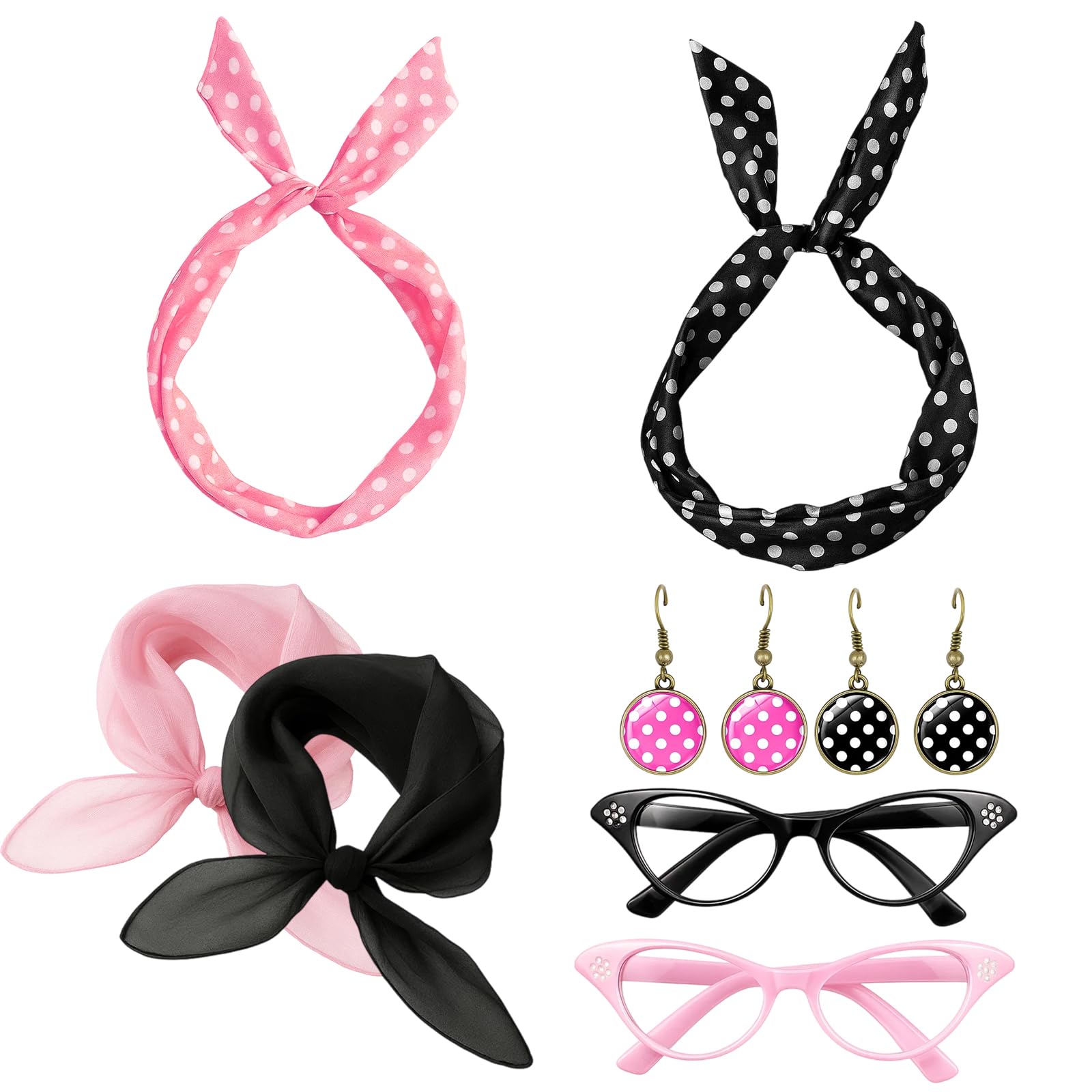 EujRcf 8 Pcs Pink Ladies Fancy Dress Set, 50s Costume Accessories, Grease Fancy Dress Women, Grease Fancy Dres for Women Girl Ladies, For Disco Dance, Role-Playing, Halloween, Christmas