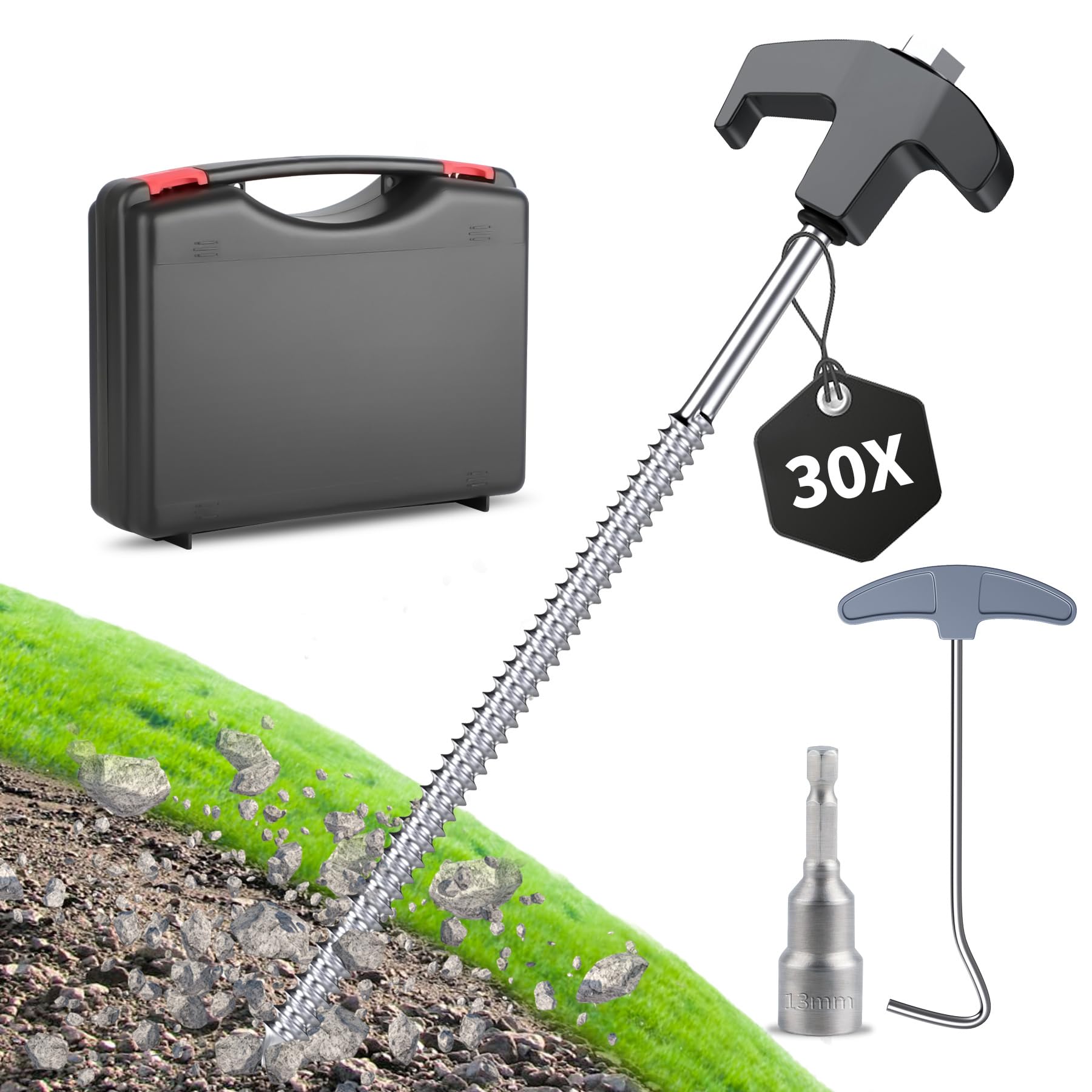 Forever Speed 30PCS Piquetas Camping de Acero con Caja [Broca ＆ Extractor de Clavos Incluido], 25 cm Piquetas Camping Suelo Duro de Rosca Tiendas de Campaña para Suelos Duros, Bosques, Pradera - Negro