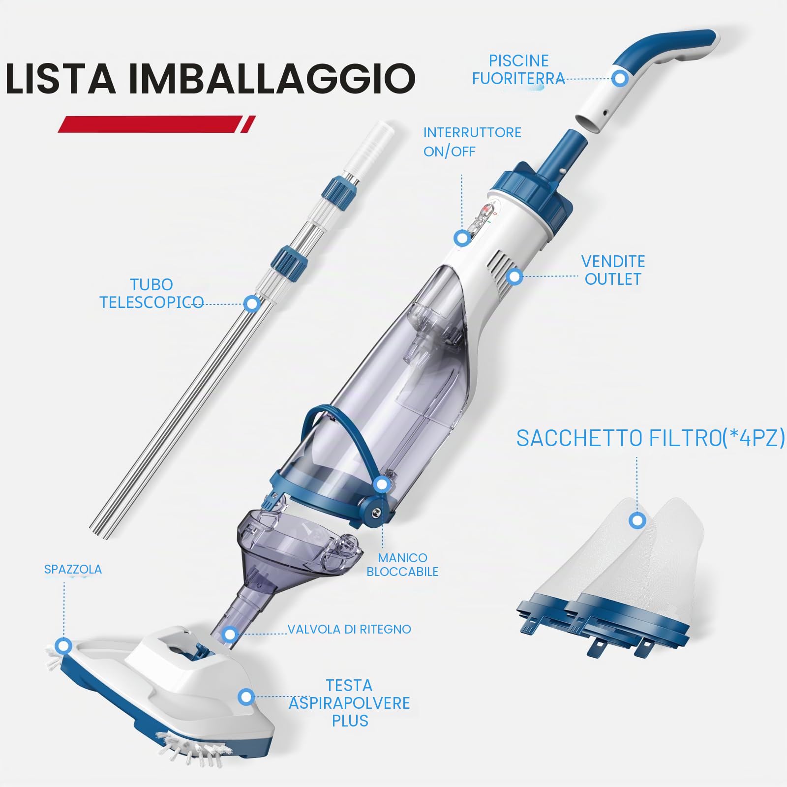 Enhulk Batteria per aspirapolvere per piscina, 2025, testa larga 34 cm, tempo di funzionamento fino a 60 minuti, con 3 filtri e asta telescopica, aspirazione fino a 4200 l/h, ideale per piscina fuori