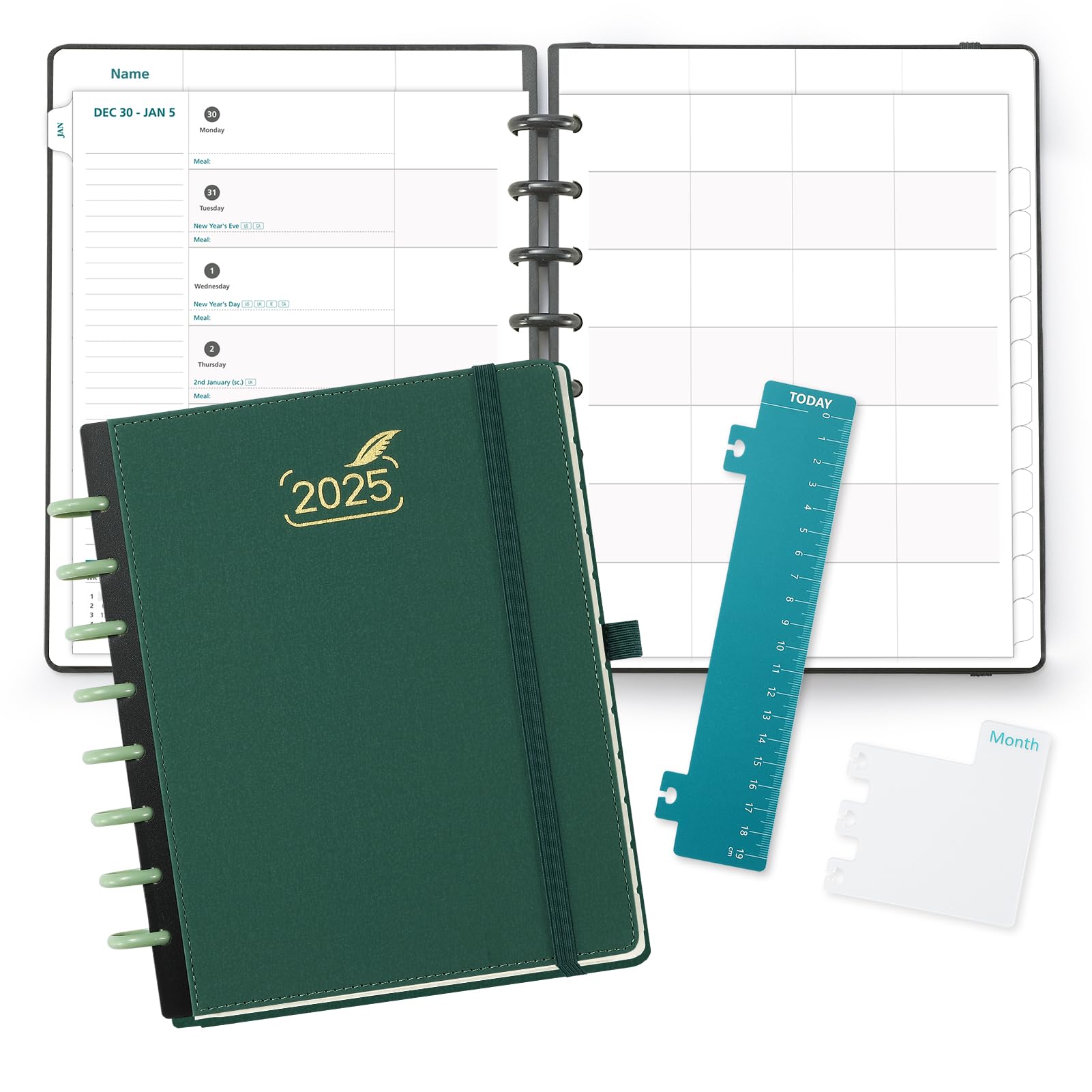 BEZEND Family Diary 2025 Week to View A5+ with 6 Column Layout - 2025 Weekly Life Planner with Monthly Tabs, Pocket & Shopping List for Busy Families, Disc Bound Flexible Cover - Evergreen