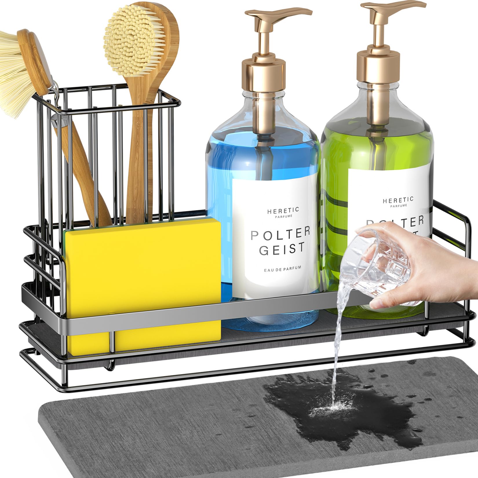 Yofidra Sink Caddy With Stone Drying Tray Stainless Steel Soap Dispenser Kitchen Sink Organizer Set Sponge Holder Counter