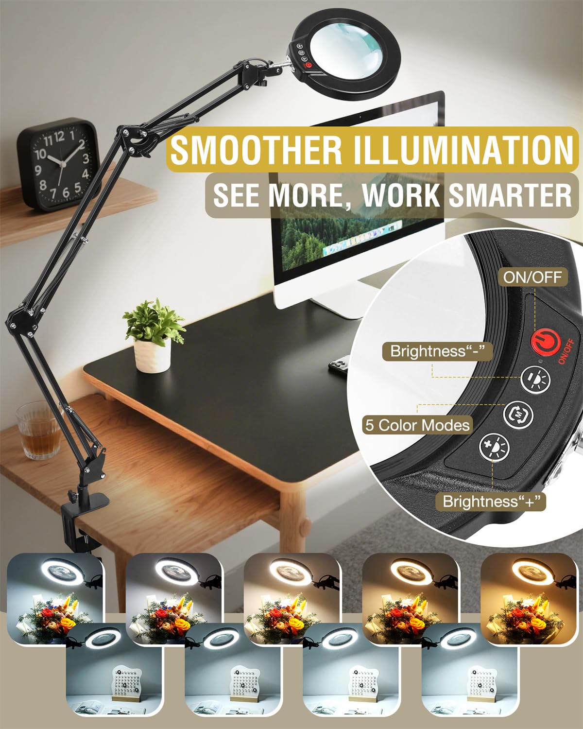 Lente d'ingrandimento 10X con luce e morsetto, lampada da scrivania a LED ultra lunga a 3 sezioni, braccio oscillante a 3 sezioni, 5 modalità di colore, dimmerabile continuamente, lente
