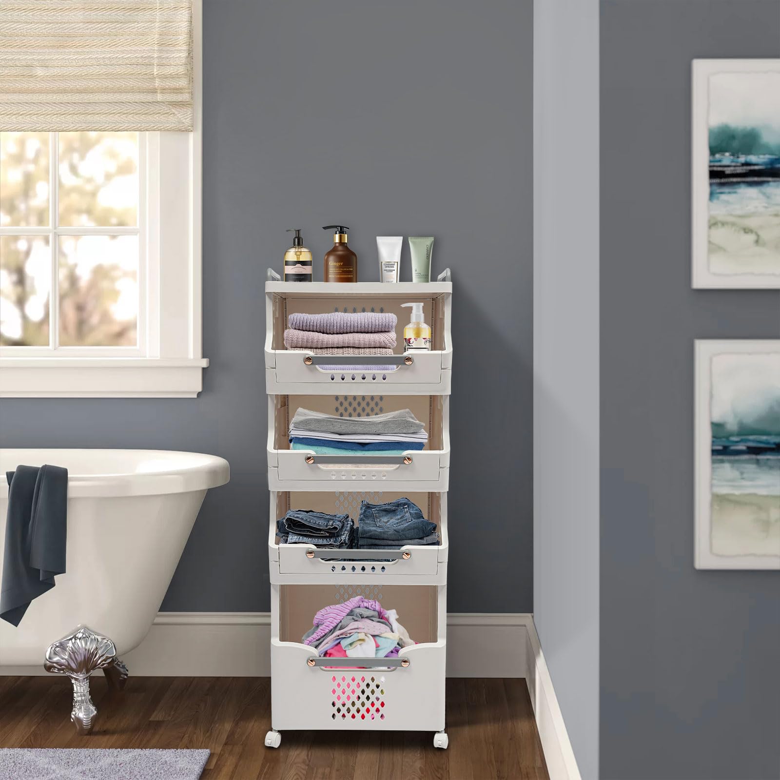 Wäschekorb Plastik Wäschesammler Wäschewagen Laundry Organizer, Stapelbare Wäschekorb mit Rollen, Wäschetrenner mit 3 Aufbewahrungskörbe Wäsche Sortiersystem, 41.6 * 29.7 * 88.8cm