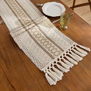 Boho Table Runner for Christmas ,Woven Cream & Brown Macrame Dining Table Runner Pottery Barn Farmhouse Rustic Burlap Home Chic Decor for Kitchen Bedroom Living Room New Year(12 x 70 in)