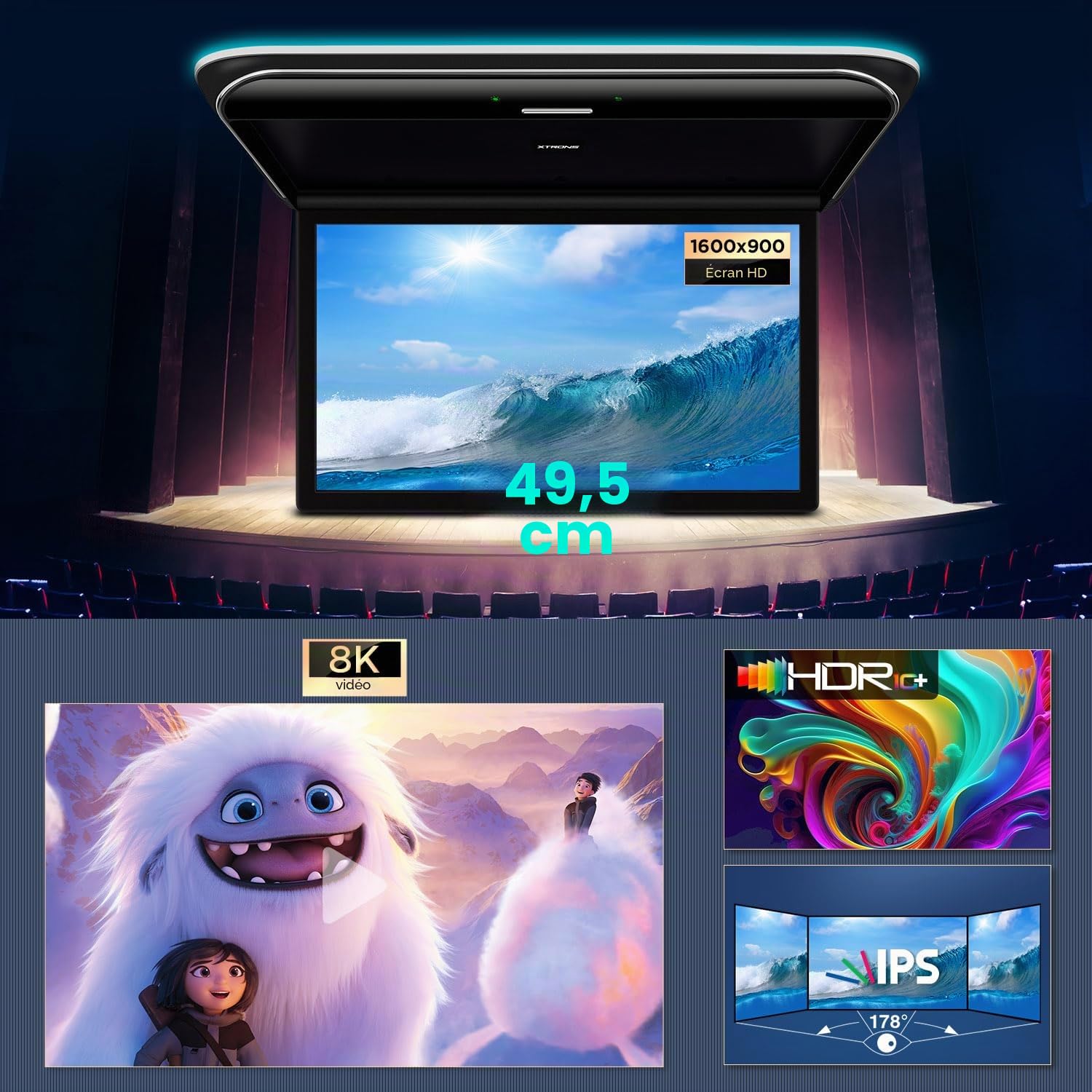 XTRONS Lecteur de plafonnier de voiture Android de 19,5 pouces, à huit cœurs, moniteur de montage au plafond de voiture, écran IPS large, vidéo 8K, haut-parleurs stéréo intégrés, support pour moniteur