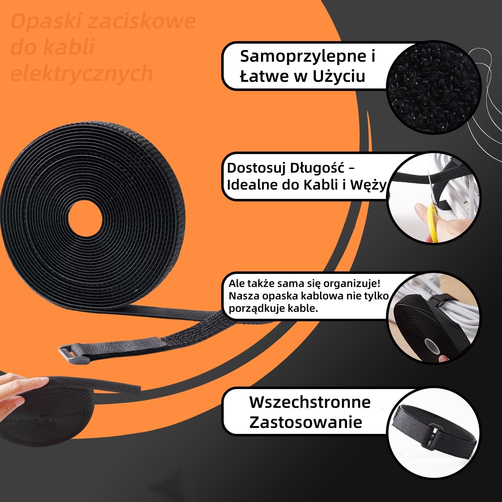 Taśmy Wielokrotnego Użytku na Rzepy, 2CM x 5M Rolka z 25 Pętlami, Regulowane Paski do Kabli z Pętlami, Taśma z Haczykiem do Przycięcia na Wymiar, do Zarządzania Kablami i Przechowywania