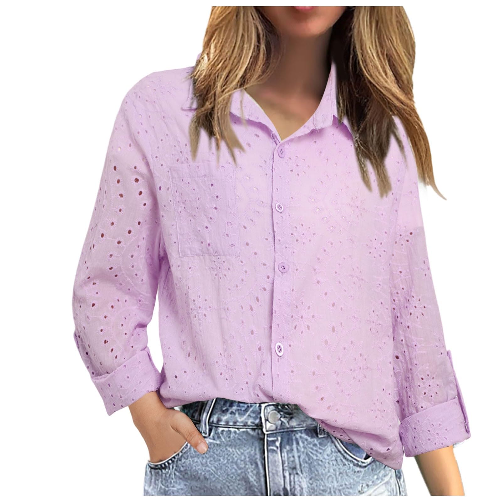Camisa de lino de gran tamaño con botones para mujer, a la moda, manga larga, cuello, ligera, de lino, algodón, para verano, unicolor, casual, trajes de muselina, ajuste holgado, bordada