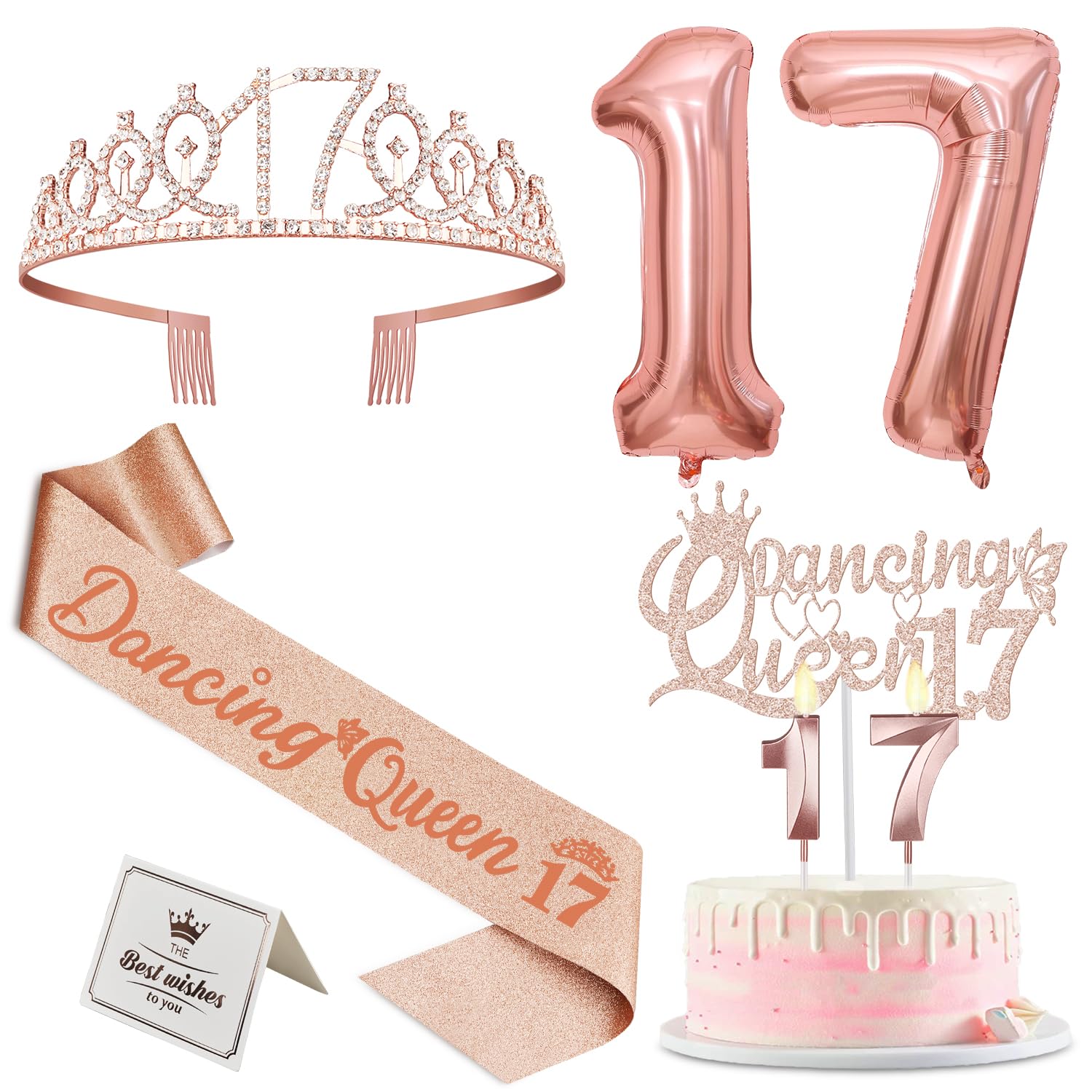 Dancing Queen Party Decorations 17 with Dancing Queen Sash and Tiara, Cake Topper and Candles, Number Balloons, 17th Birthday Decorations for Girls, 17 Year Old Gifts for Girls